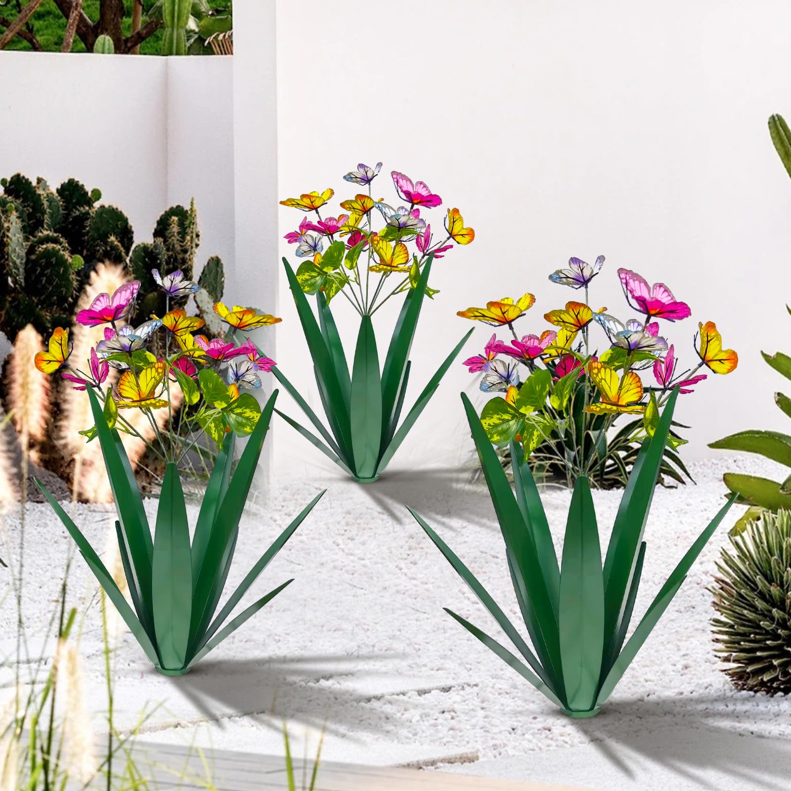 Garden Outdoor Butterfly Enlarge thickened Wind Resistant Metal Agave Garden Art Metal Plant Country Garden Sculpture Statue Decorations Ornaments Artificial Waterproof Butterflies(green 3pcs)