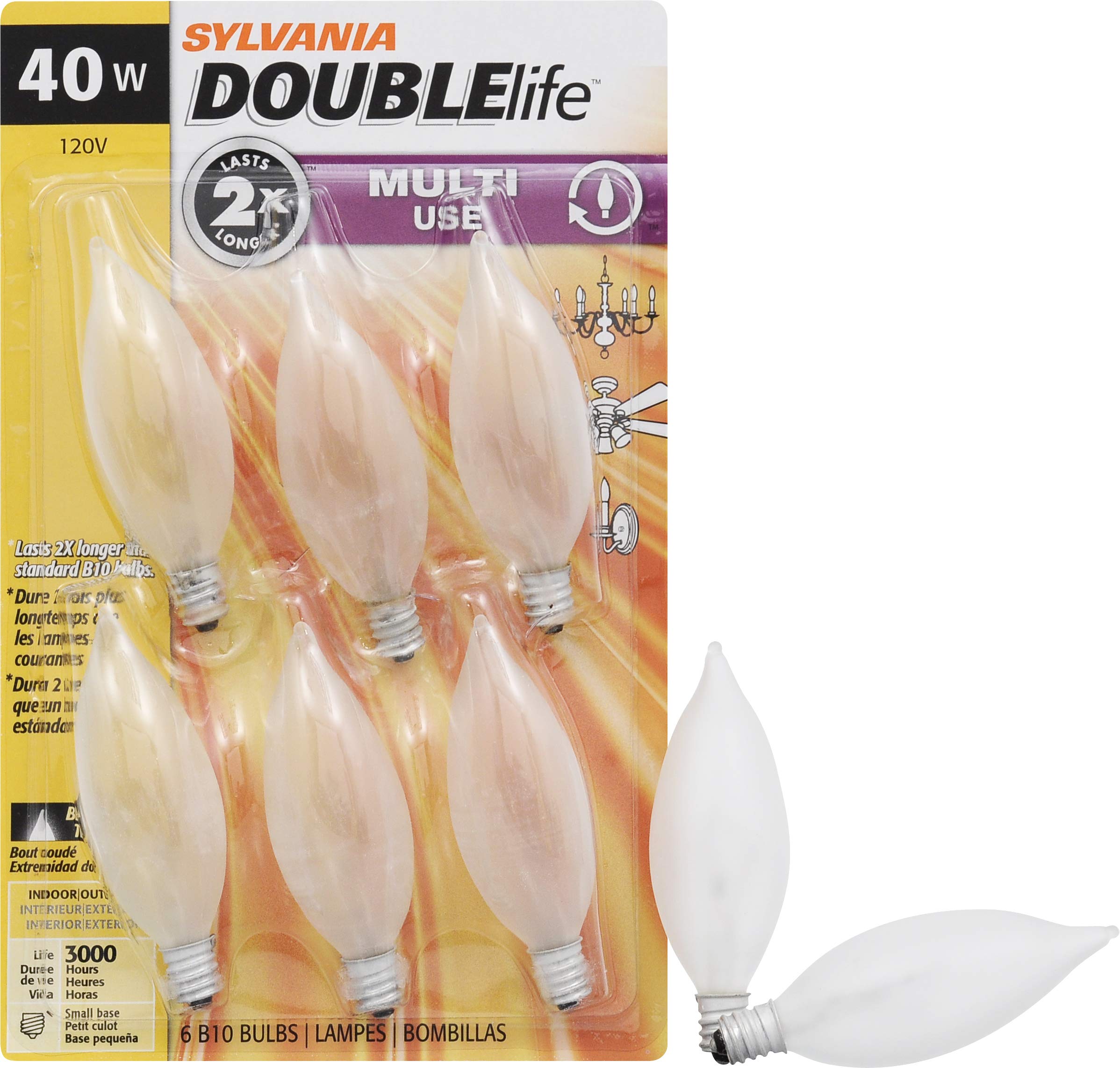 Sylvania Double Life Incandescent Light Bulb, B10, 40W, Dimmable, Candelabra Base, 285 Lumens, Frosted - 6 Count (Pack Of 1) (15