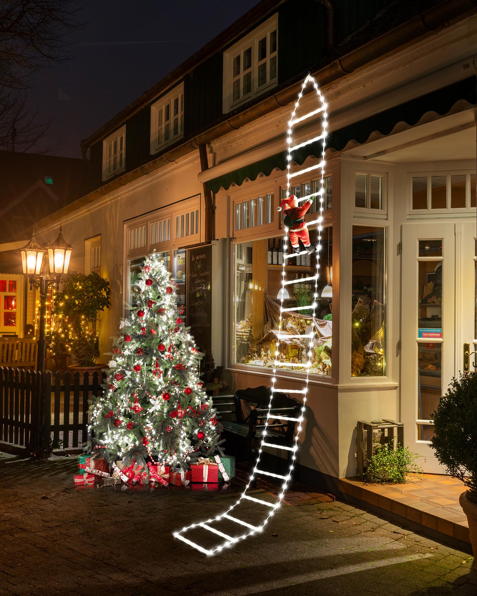Toodour Led Christmas Light - 10Ft Christmas Decorative Ladder Lights With Santa Claus, Christmas Decorations Lights For Indoor Outdoor, Window, Garden, Home, Wall, Xmas Tree Decor - Cool White