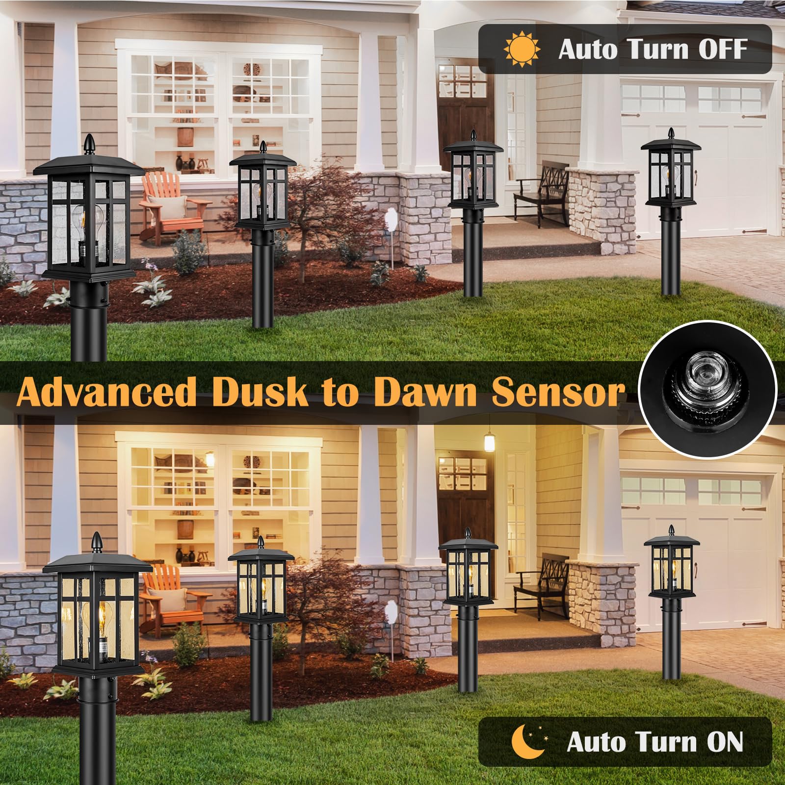 Brilvibera Outdoor Post Light 2-Pack, Black Waterproof Electric Lamp with Dusk to Dawn Feature for Yard and Driveway