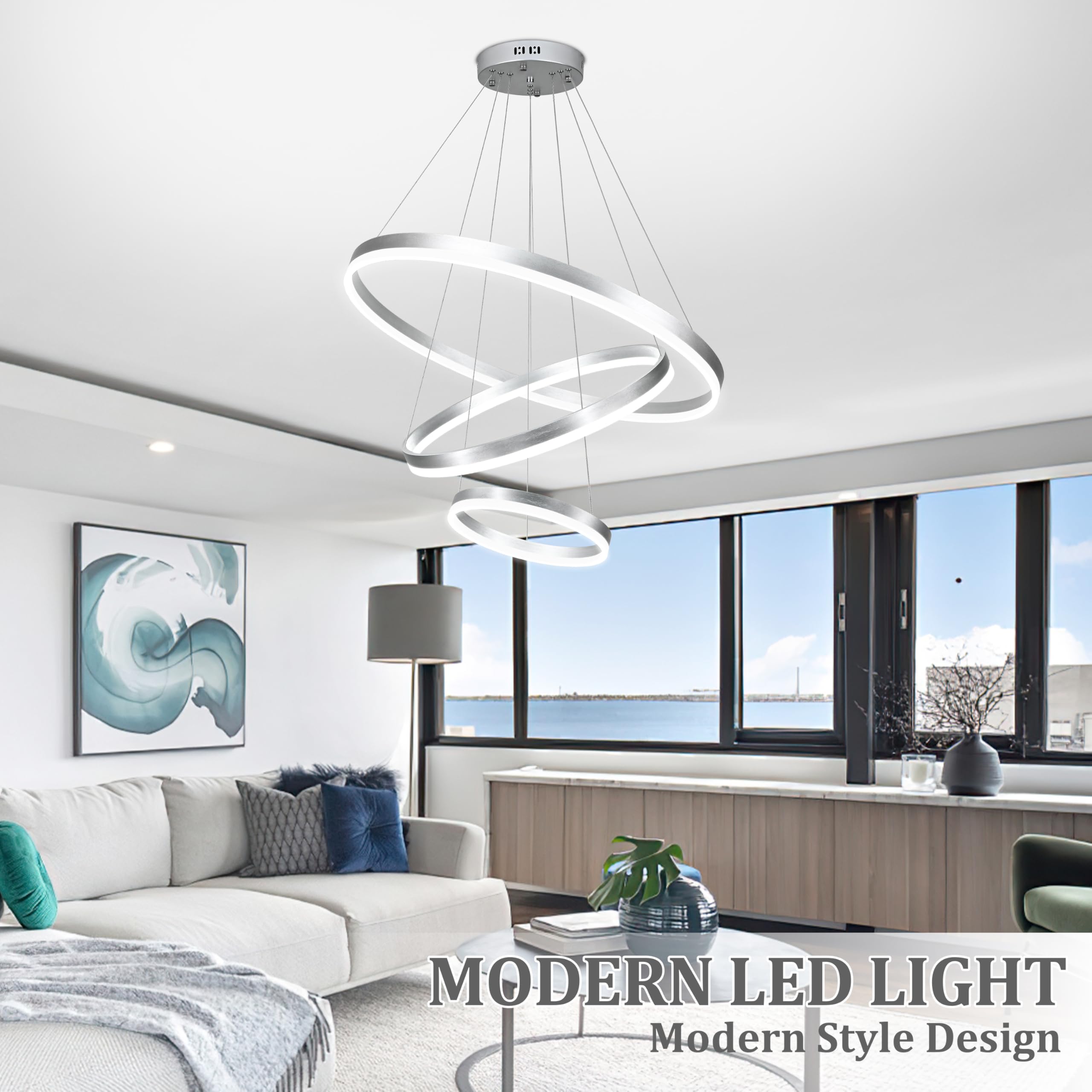 Mccokaige 31.5" Nickel Modern LED Chandelier - Dimmable, Adjustable Height, 3 Ring Design, Silver, Model YK-468-L