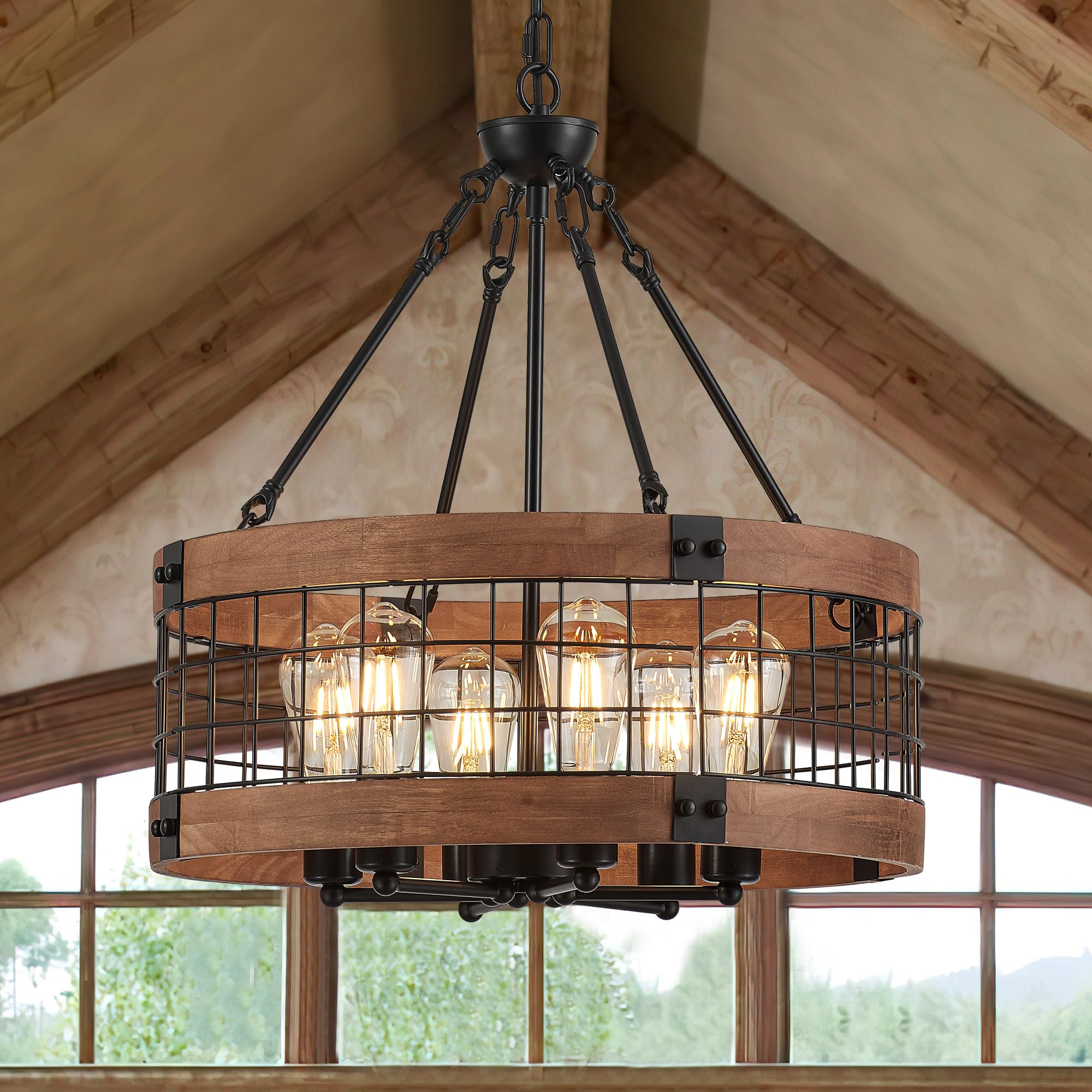 Faibra 6-Light Farmhouse Drum Wood Pendant Light,20.55'' Vintage Rustic Brown Oak Wood Chandeliers,Retro Industrial Hanging Ligh