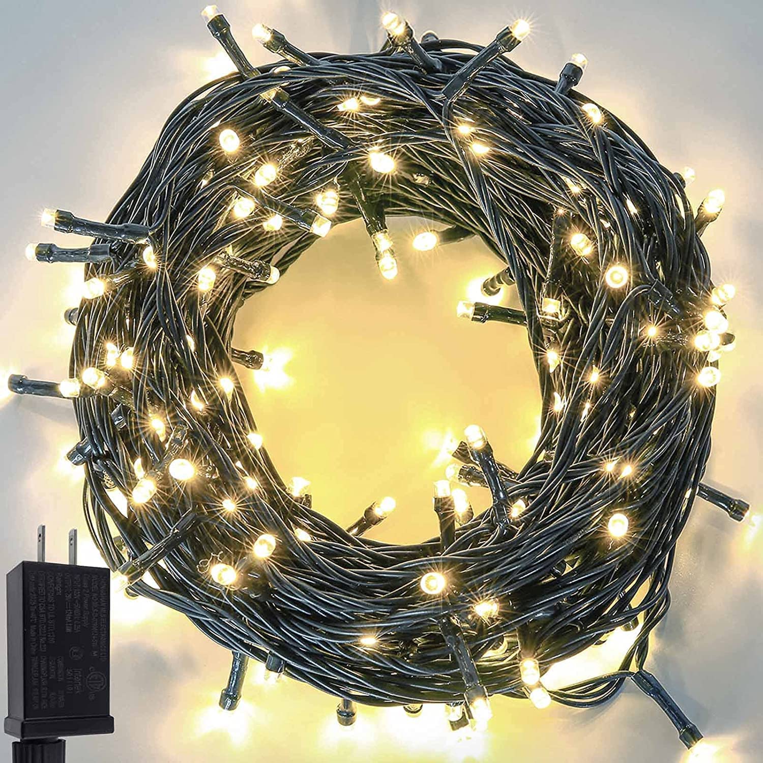 YIQU 33FT 100 LED Christmas String Lights, Warm White, Waterproof, 8 Modes, UL Certified, Model MLS-D29V6WUC-O