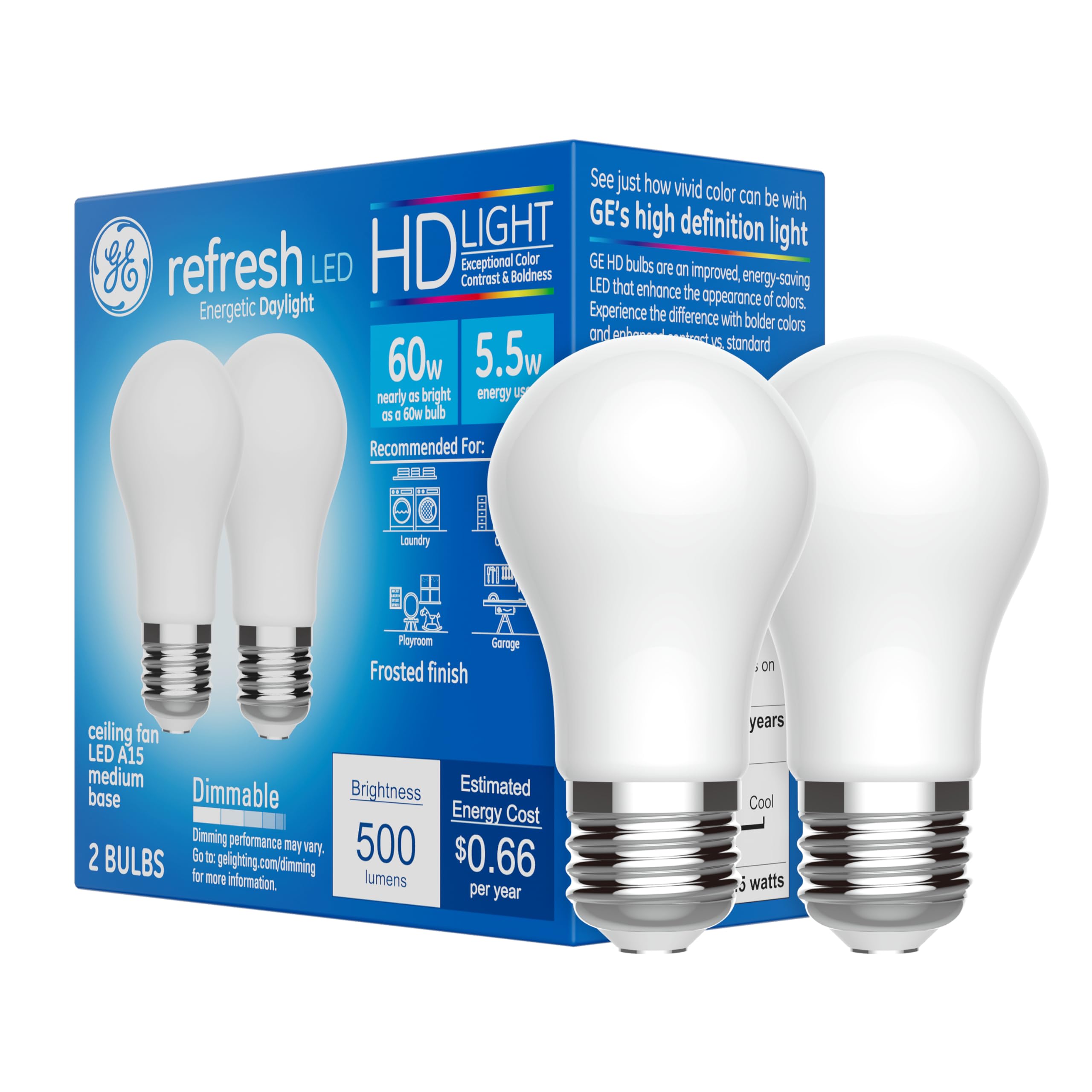 Ge Refresh Led Light Bulbs, 60 Watt, Daylight, A15 Ceiling Fan Bulbs, Frosted (2 Pack)