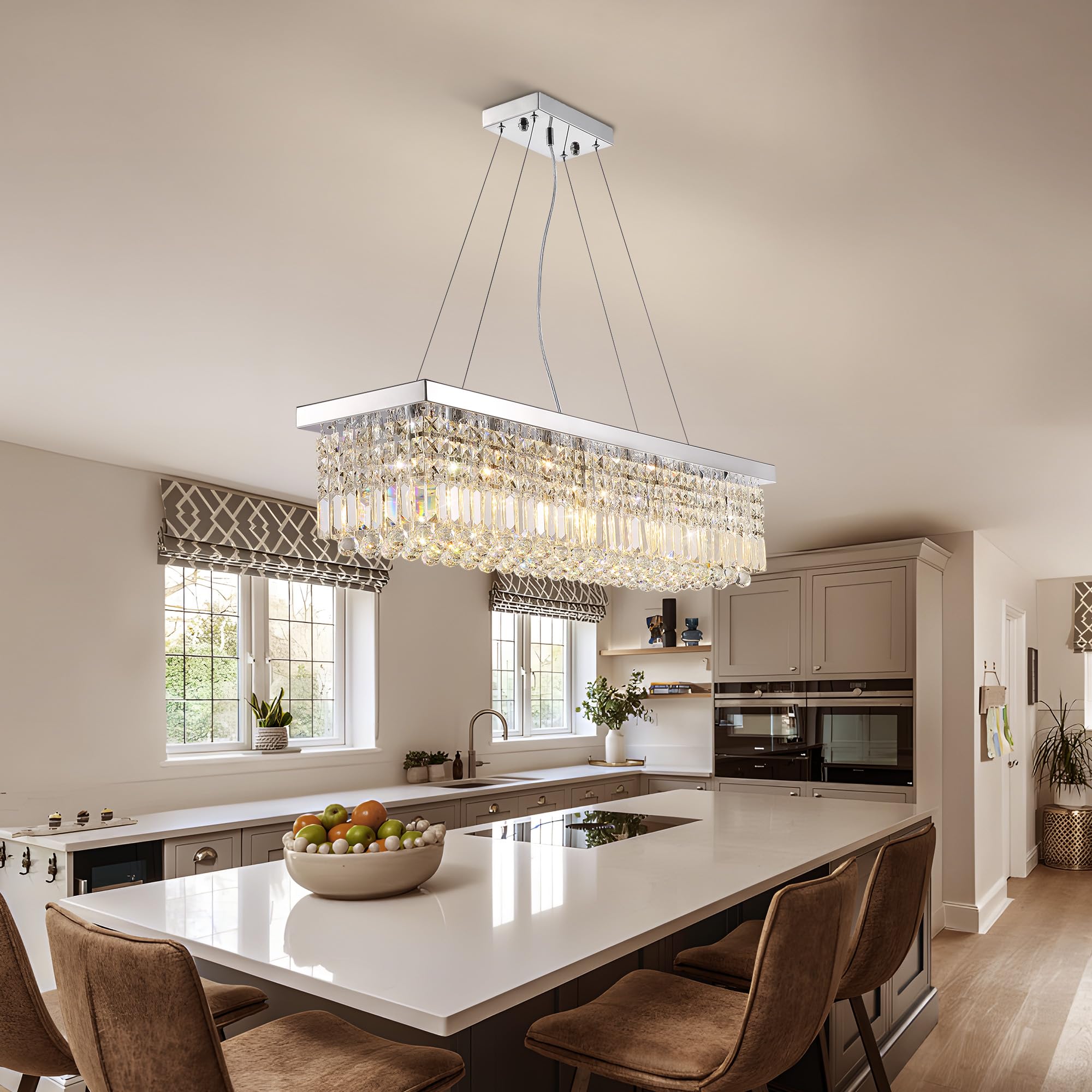 Tinkoso Crystal Chandelier For Dining Room,8-Light Modern Chandeliers,K9 Crystal Rectangle Chandelier,Farmhouse Pendant Light Fi