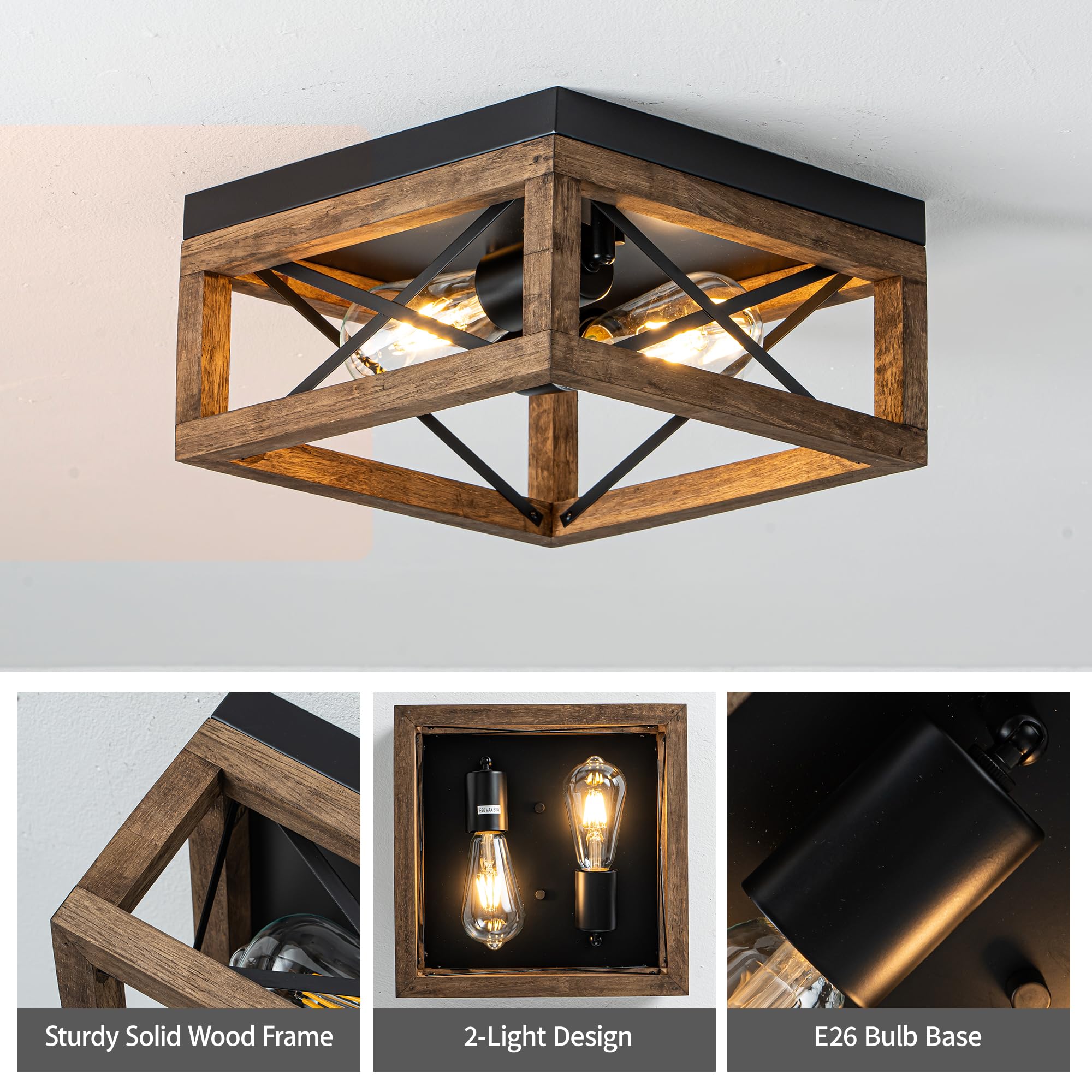 MAYNA Farmhouse Flush Mount Ceiling Light, 2-Light Rustic Design, Wood and Metal, Black-2, Perfect for Kitchen, Hallway, Bedroom, Dining Room