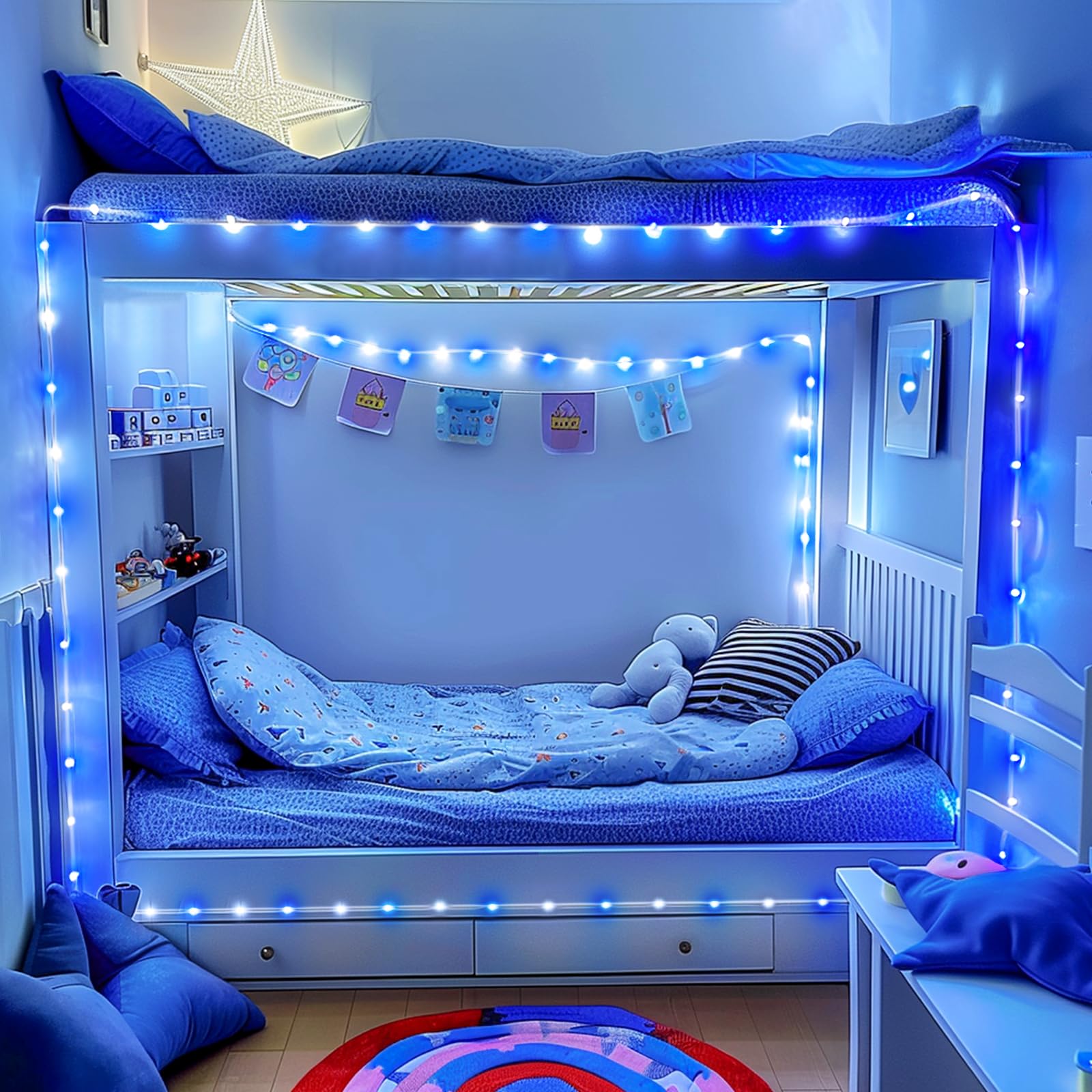 JMEXSUSS Rope Lights 200 LED 66ft Battery Operated String Lights, Waterproof, Blue & White, Remote Control, Model Rope100B