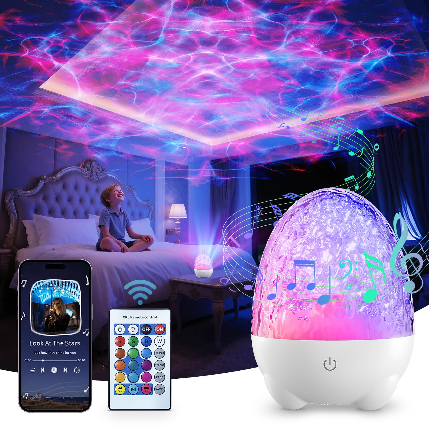 Northern Lights Projector, 17 Colors RGB Aurora Night Light Projector with Bluetooth Speaker, Dimmable Ocean Wave Projector with