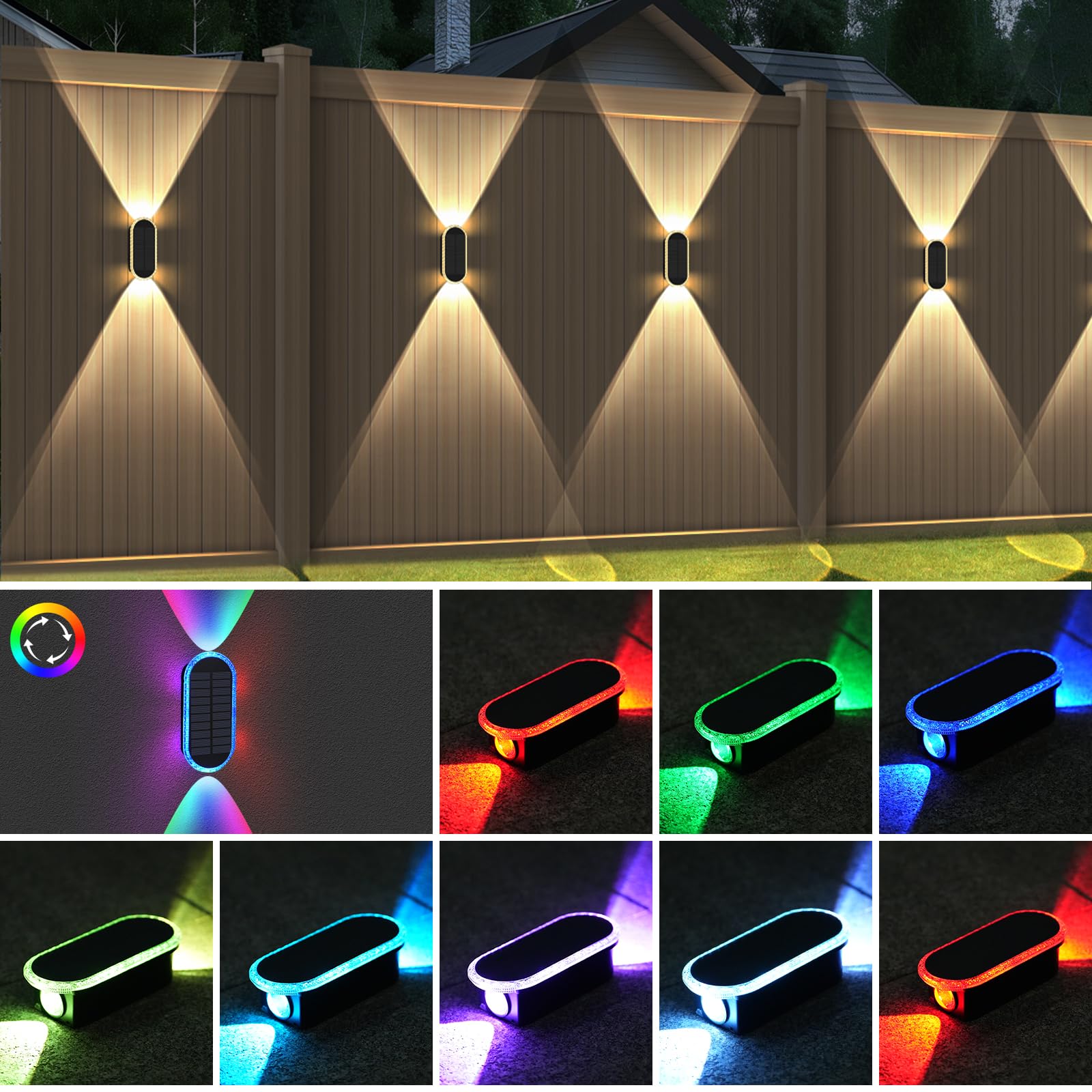 Herzila 10 Pack Solar Fence Lights-Rgbw Solar Powered Fence Wall Lights Waterproof 8-Color Changing Top And Bottom Lighting Wall Lights For Outdoor/Patio/Porch/Pool Cage