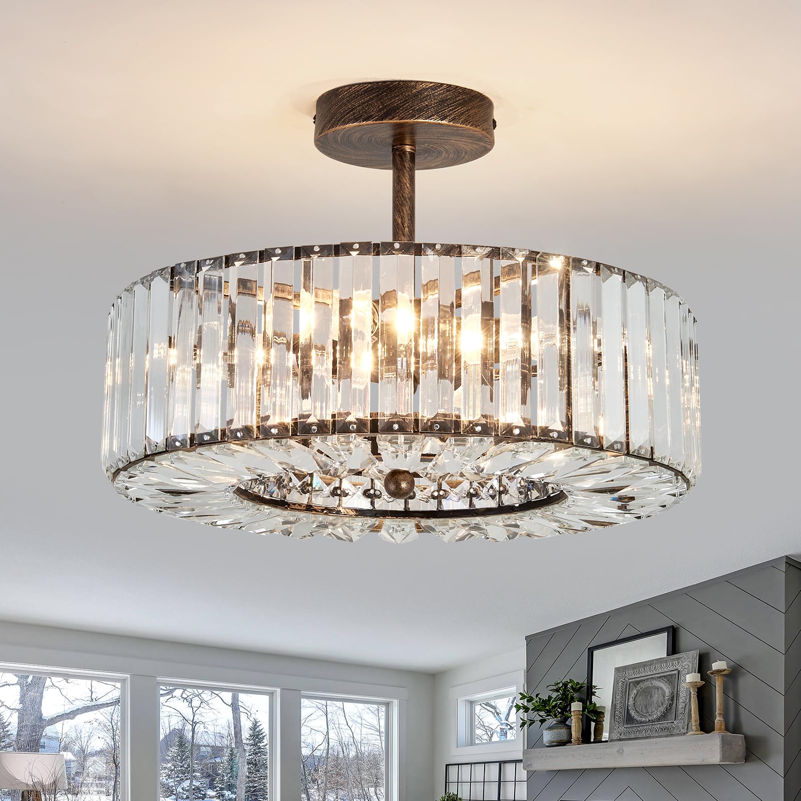 Piepooye 4 Lights Modern Crystal Chandelier Oil Rubbed Bronze Round Semi Flush Mount Ceiling Light Fixture Farmhouse Chandelier For Dinning Room Living Room Bedroom Hallway Entryway Kitchen