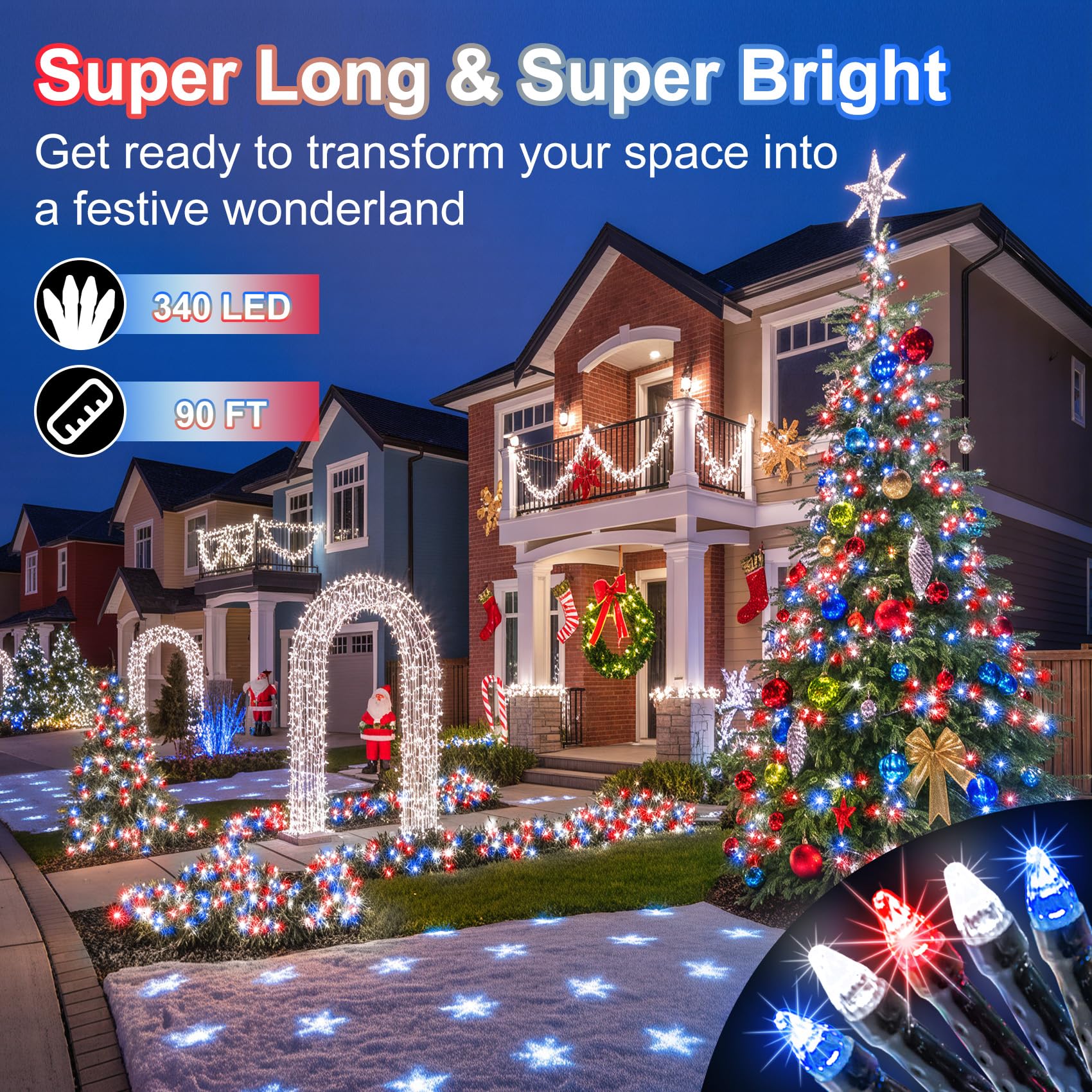 340 Led 90Ft Christmas String Lights Outdoor  12 Pro Modes And Timer Memory & Brightness  Plug In Waterproof Dark Green Wire Twinkle Light For For Xmas Yard Tree Wedding Party Decor Red White Blue