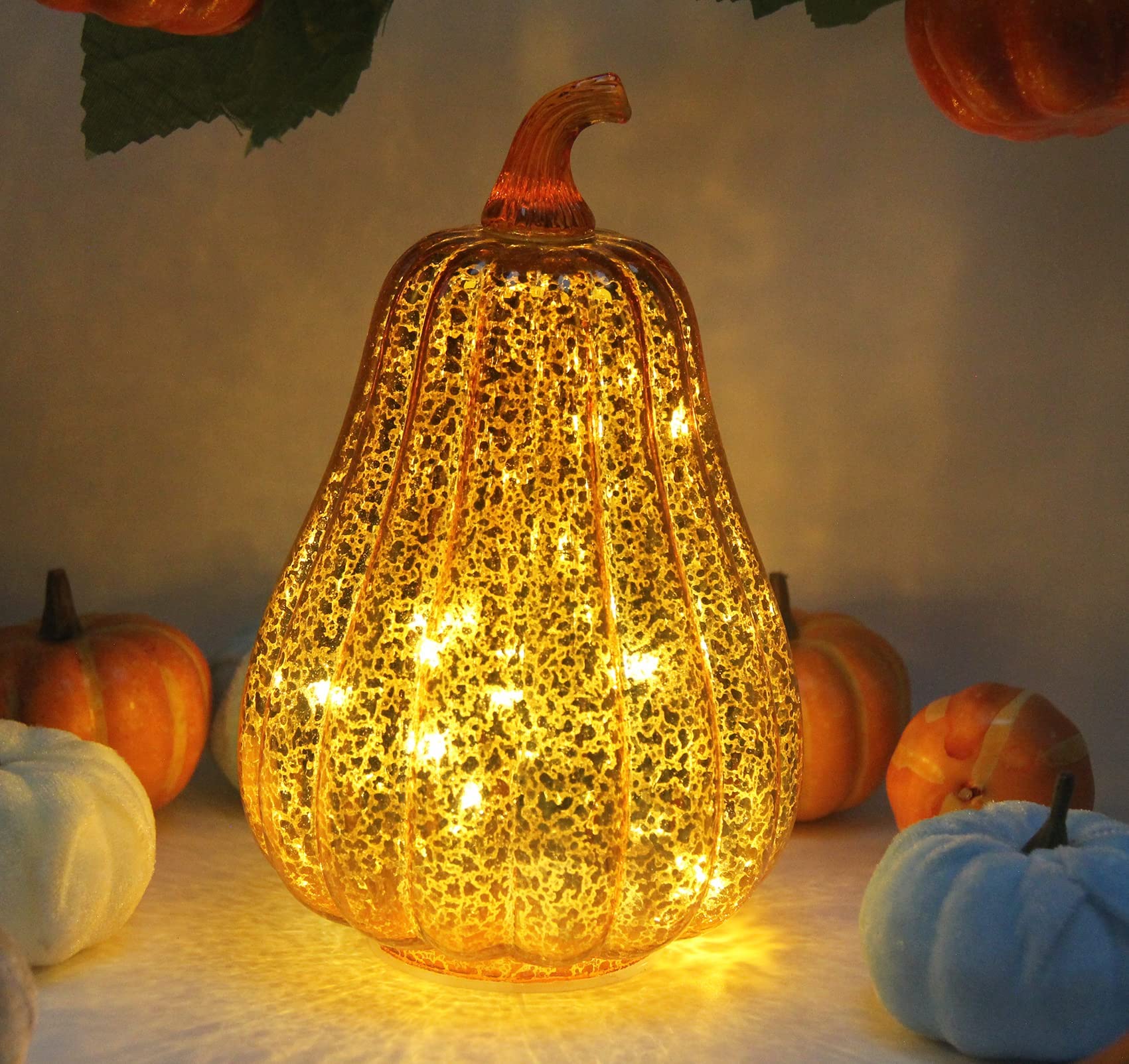 CFDECOR Mercury Glass Pumpkin Light with Timer, with 10 Fairy Lights Inside, Battery Operated Led Pumpkin Lamp, Ideal for Hallow