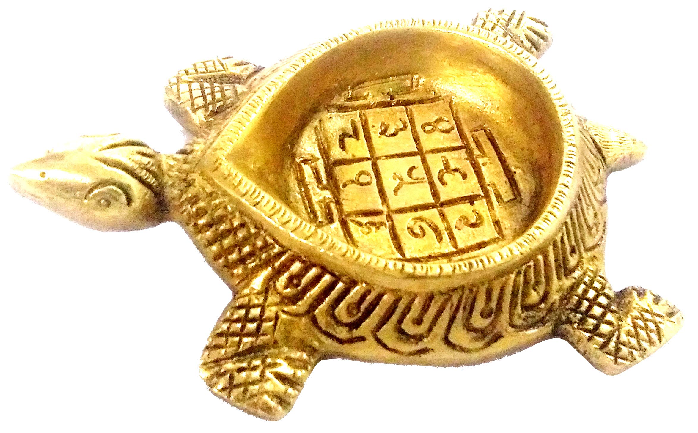 Purpledip Brass Tortoise Diya With Lo Shu Magic Square: Holy Oil Lamp Deepam; Feng Shui Vastu Good Luck Light (11570A)