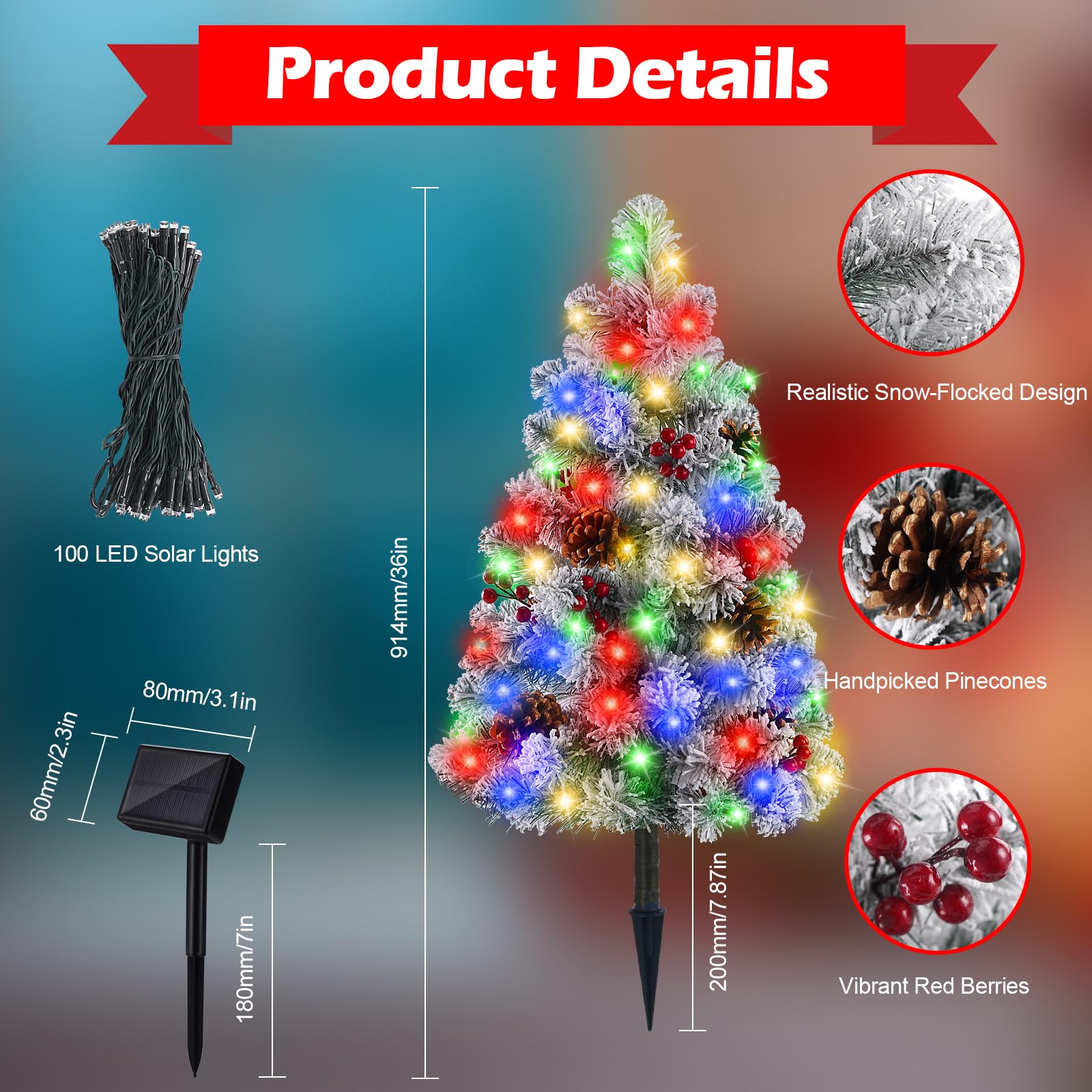 Brightever 3Ft Solar Outdoor Christmas Tree  68Led Snow Flocked Solar Cemetery Christmas Decorations With 8 Lighting Modes  Pine Cones  Berries  Xmas Outside Decor For Grave Pathway Patio  Multicolor