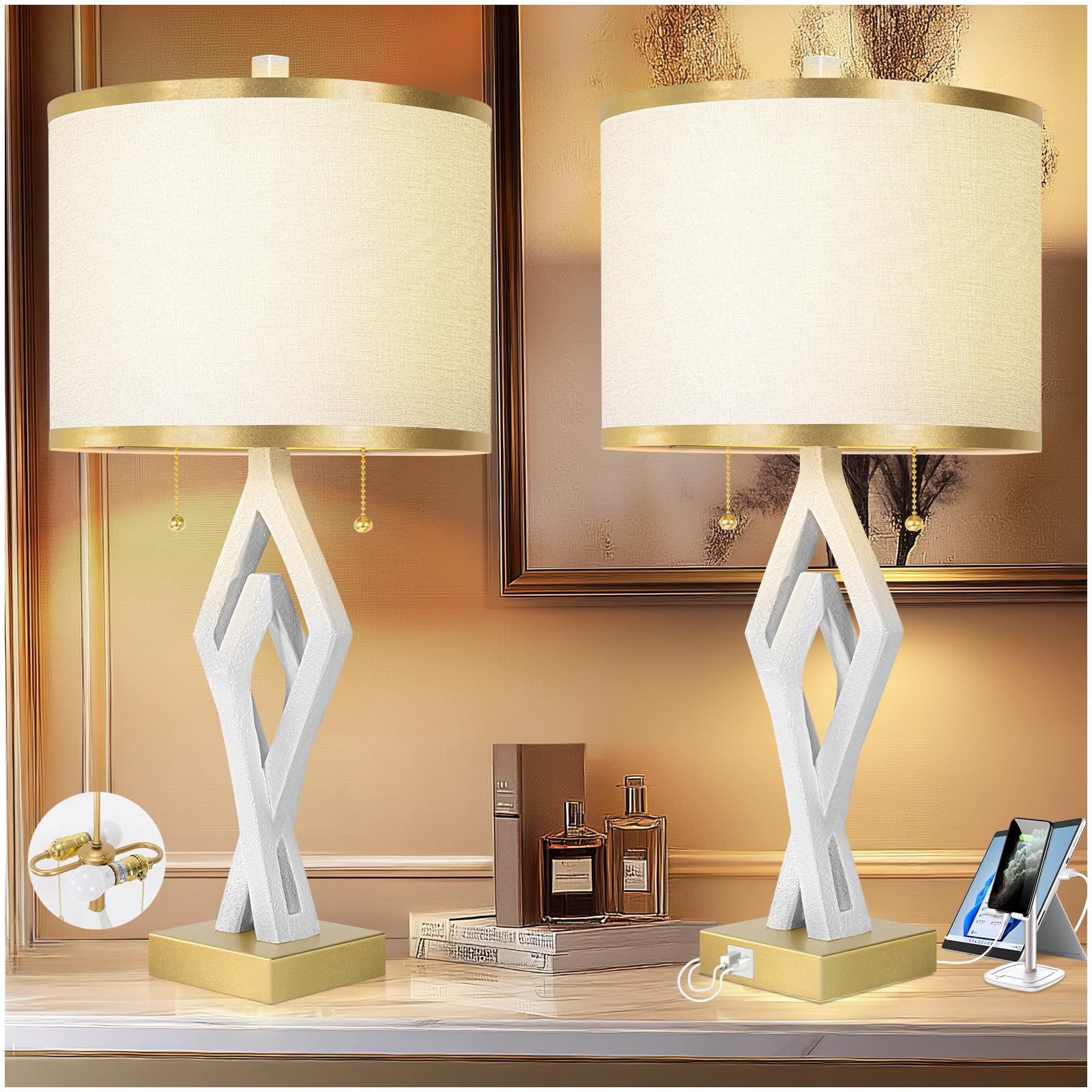 Sculptural Table Lamp Set of 2 for Bedroom, 26    White Modern Bedside Lamps for Living Room, White Linen with Gold Trim Shade, 