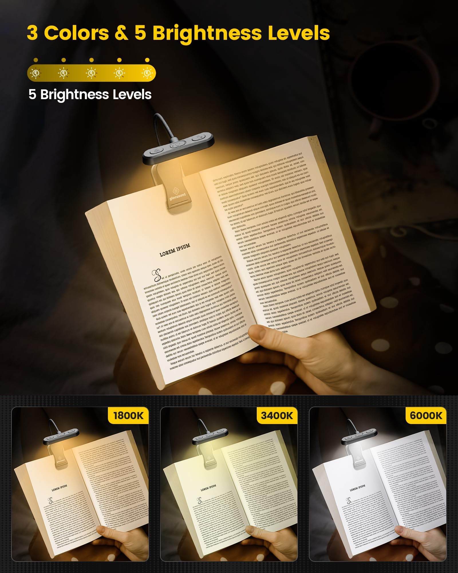 Glocusent Horizontal ET-Head Book Light, Rechargeable, CRI 95, 3 Colors, 5 Brightness Levels, Lightweight, Black, Model A18