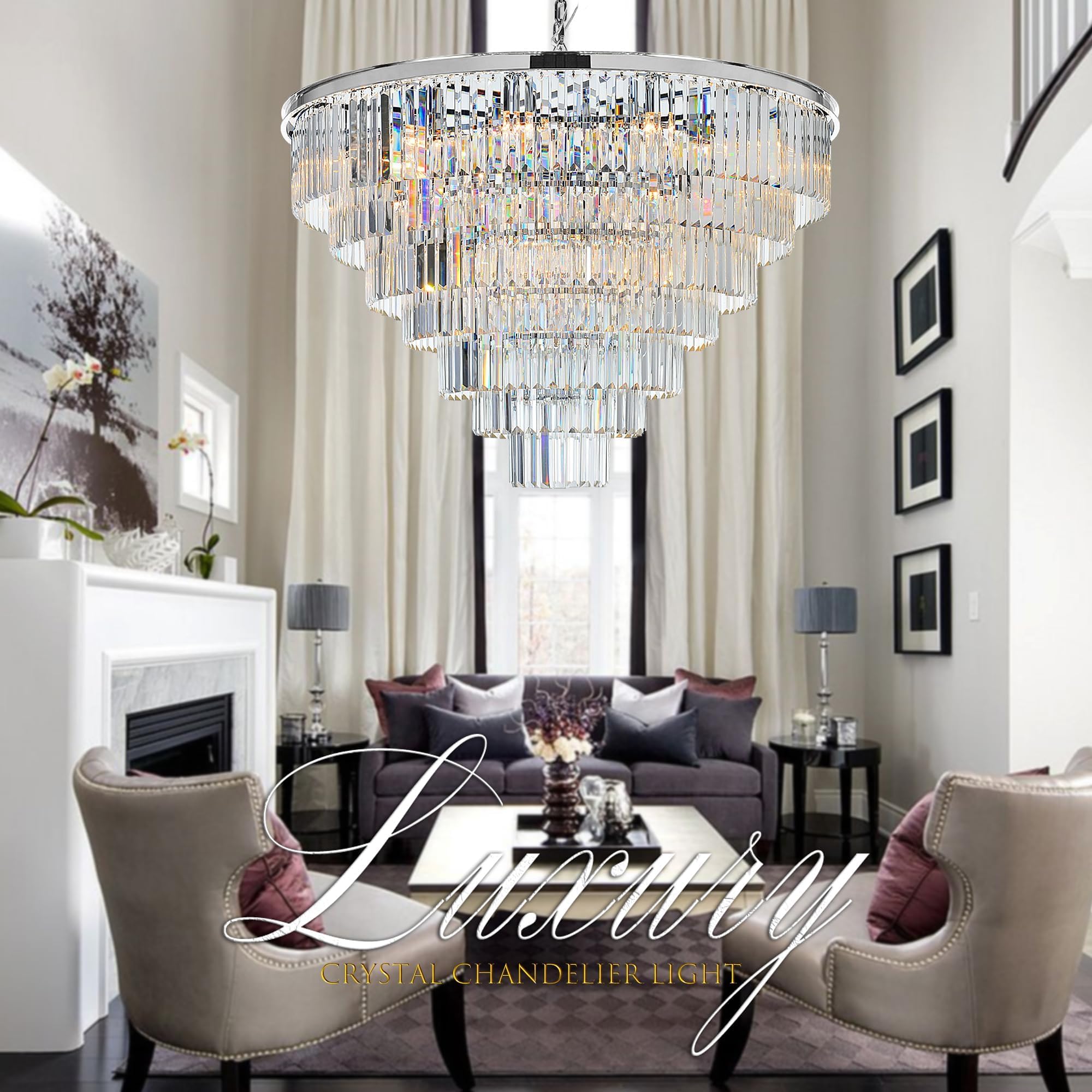 Meelighting Luxury Crystal Chrome Chandelier Lighting Modern Contemporary Chandeliers Pendant Ceiling Lamp Light Fixture 7-Tier For Dining Room Living Room Hotel Showroom (24 Lights) W39.4