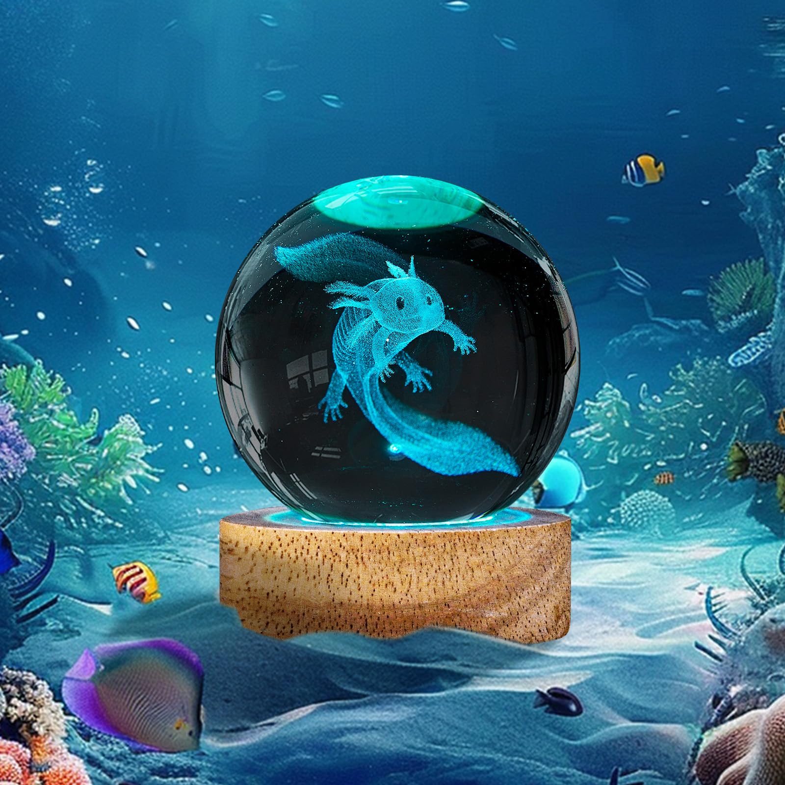 DCORIUNTG 3D Crystal Ball Lamp - 60mm Axolotl Figurine, 16 Colors, Remote Control, Glass, Room Decor, Gift for Kids & Friends
