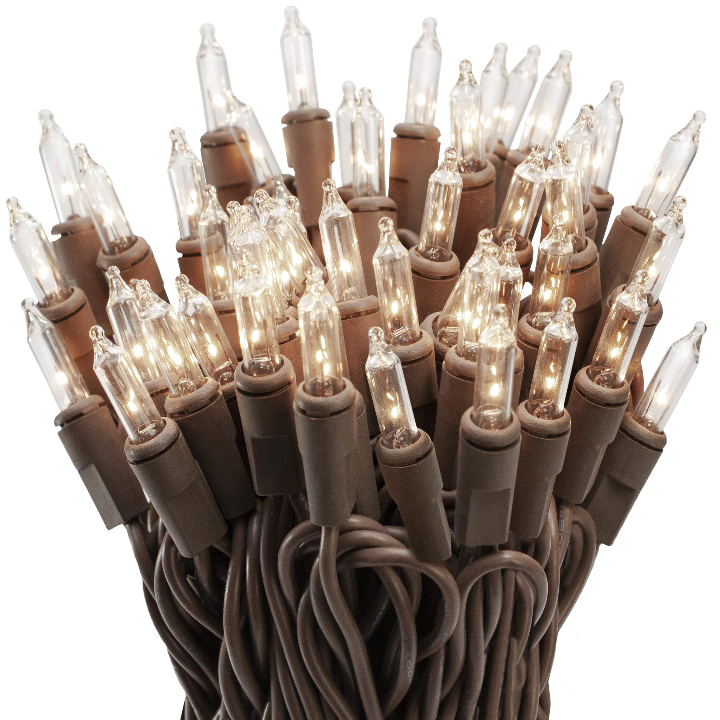 612 Vermont Mini Christmas String Lights, 100 Clear Lights on Brown Wire, UL Approved, 18ft Lighted Length, Pack of 2
