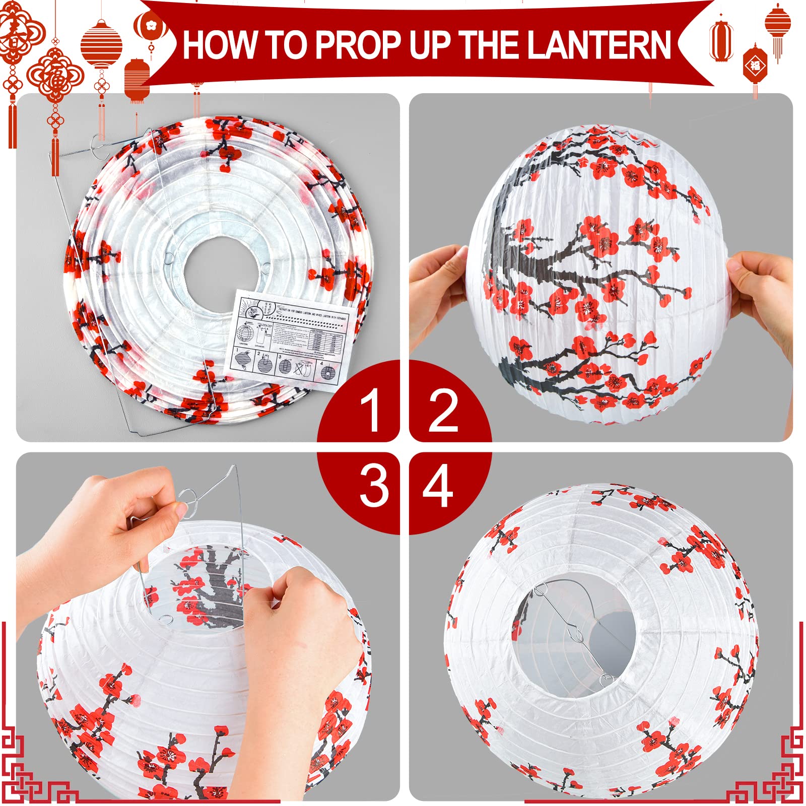 60 Pieces Chinese Japanese Paper Lantern Includes 8 Cherry Blossom Japanese Paper Lantern 52 Chinese Red Lanterns 12 Inches Red