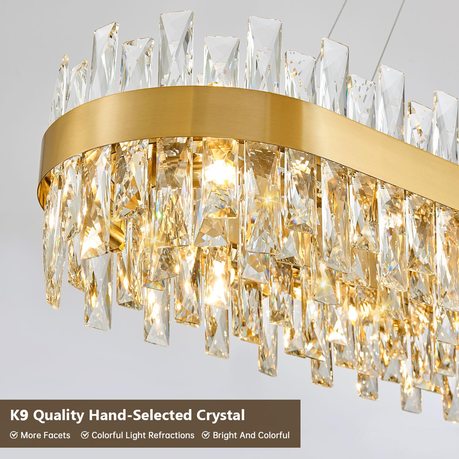 Tmafon Modern Brass Gold Crystal Chandelier, Rectangle K9 Crystal Raindrop Chandelier Lights, Contemporary Ceiling Hanging Light