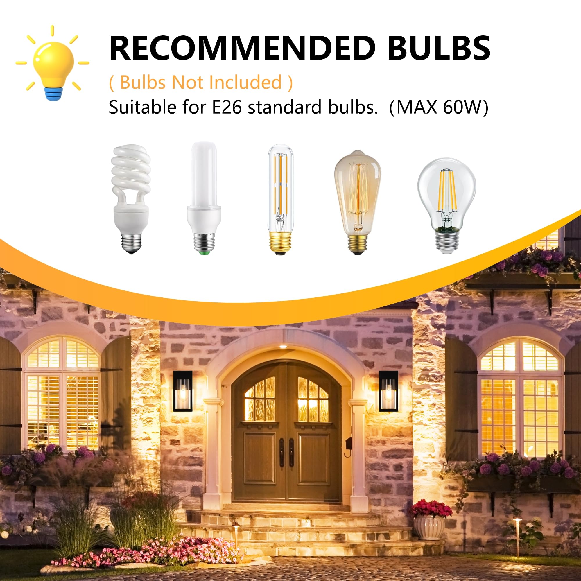 DAKAFUL Outdoor Wall Light Fixture - 2-Pack Modern Sconce with E26 Sockets & Glass Shades, Black for Porch, Patio, Garage Door