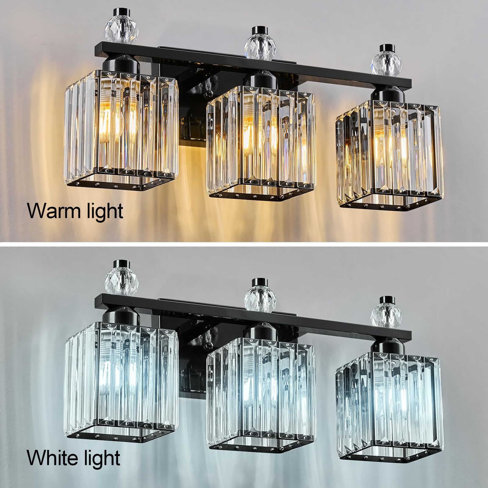 FDPBY Black Bathroom Vanity Lights, 3-Light Crystal Fixture, Metal, Modern Design, Model 290