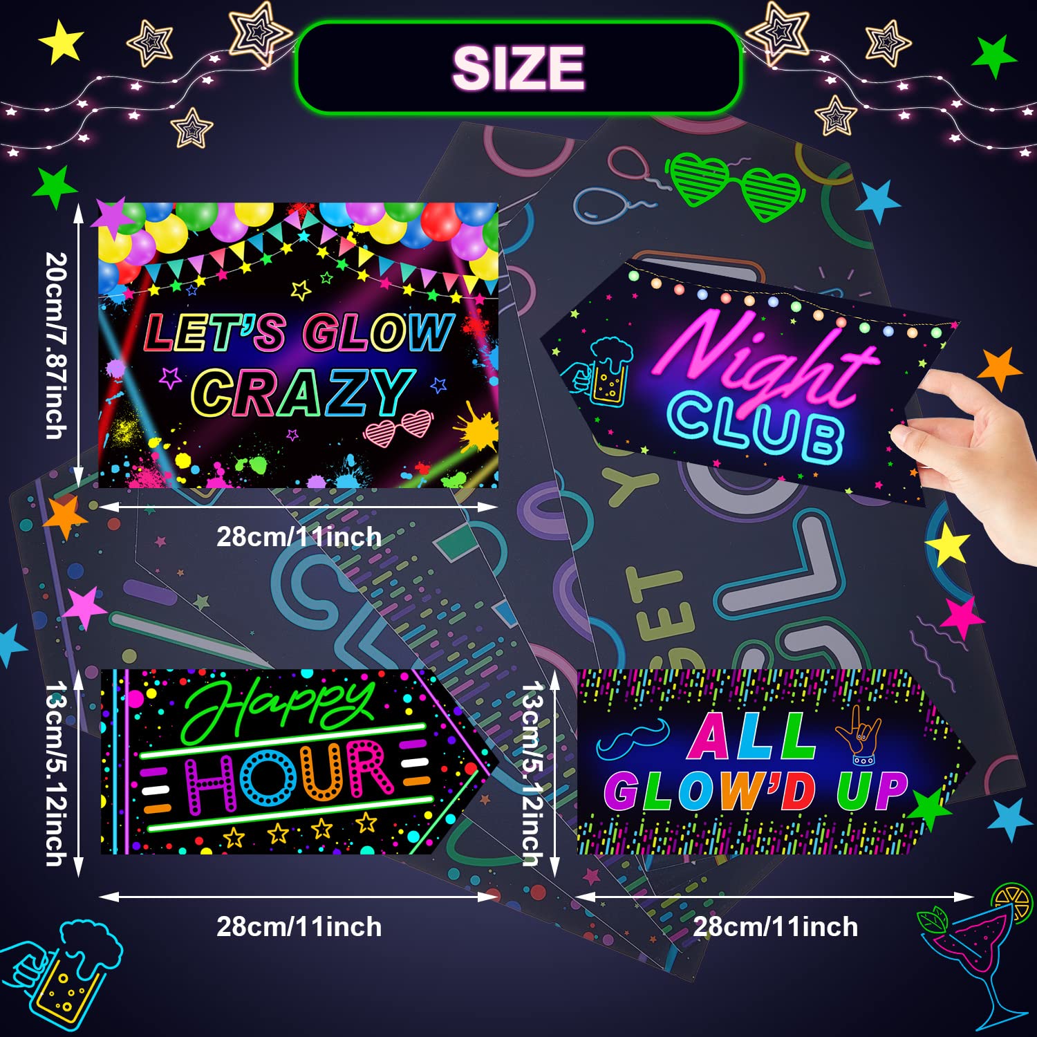 20 Pcs Glow in The Dark Party Decoration Signs Glow Neon Signs Decor Glow Party Supplies Neon Happy Birthday Party Decorations L