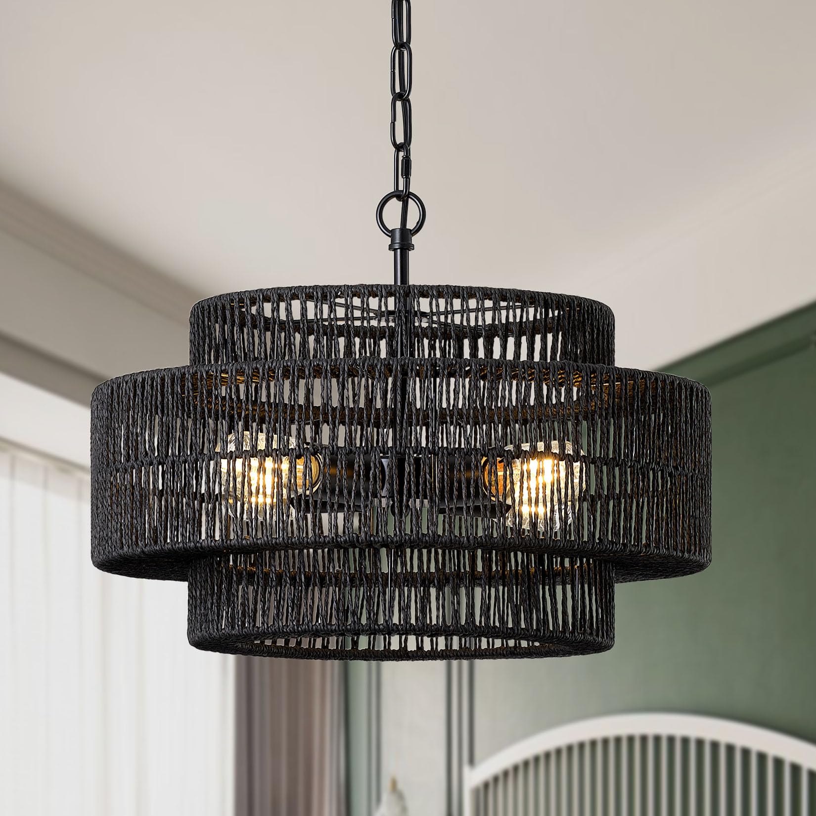Giutna 17.7'' Black Large Boho Rattan Chandeliers For Dining Room, 4-Light Rattan Hand-Woven Farmhouse Drum Chandelier Pendant L