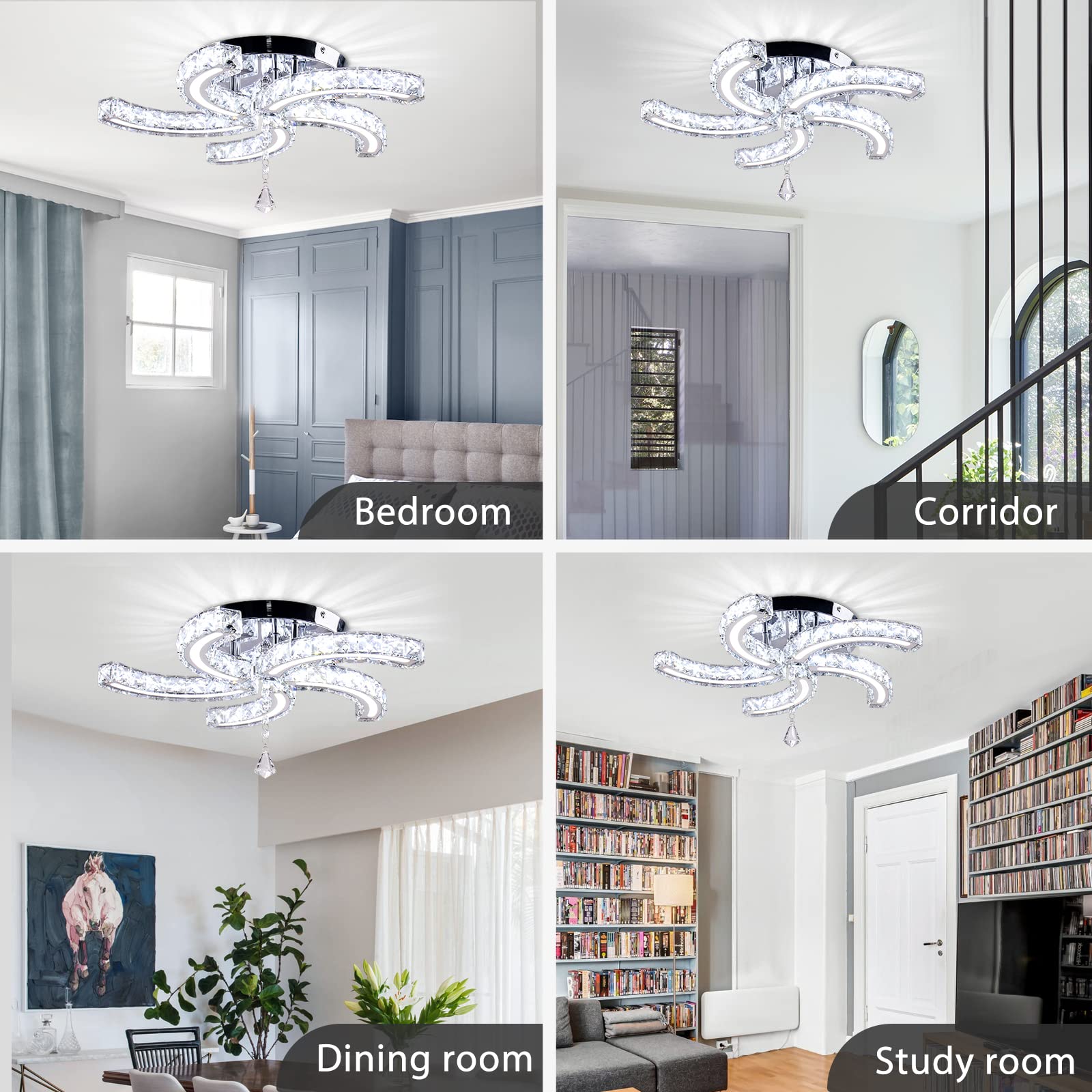 Cainjiazh Modern Crystal Chandelier - Acrylic LED Ceiling Light Fixture, 19.7” Cool White, Model MC082 for Living Room, Dining Room, Bedroom