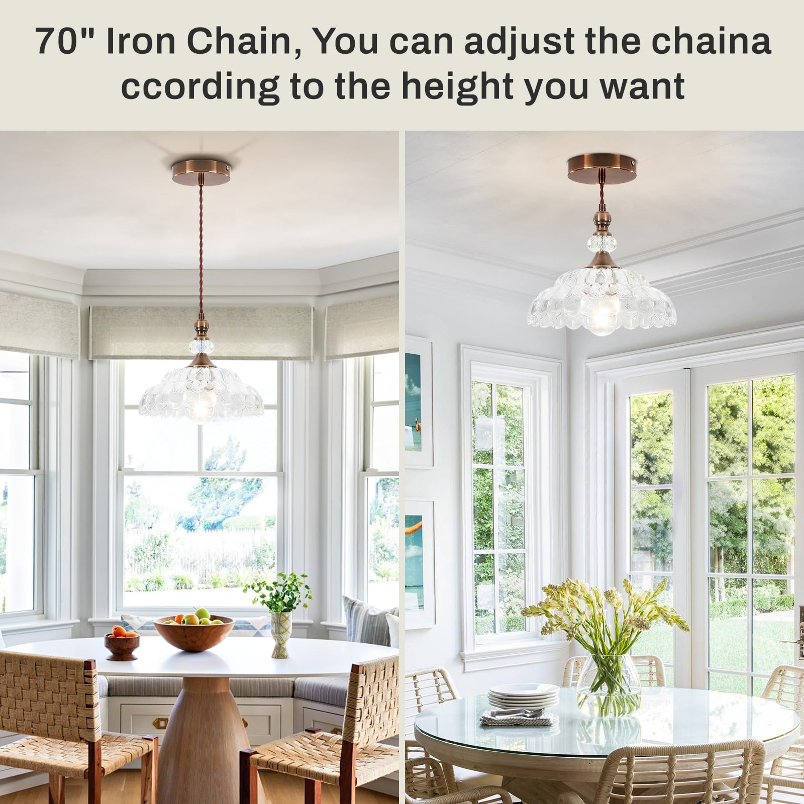 Cwarmozy Vintage Small Pendant Light Fixtures For Kitchen Island 9.8'' Glass Brass Gold Pendant Lights Adjustable Modern Hanging