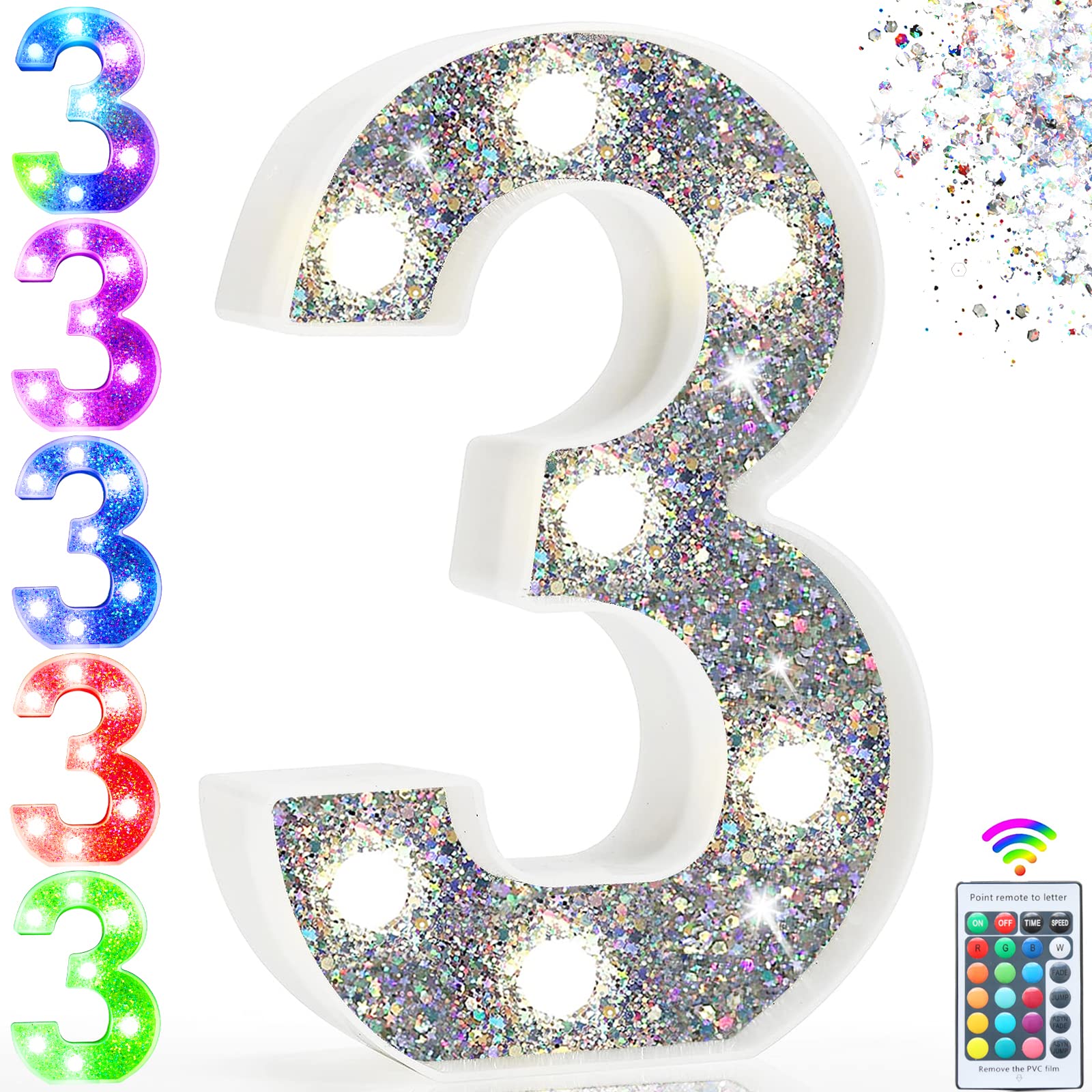 Pooqla Silver LED Marquee Number Light, Battery Operated, 16 Colors, Model S-RGB, Number 3, Metal Material