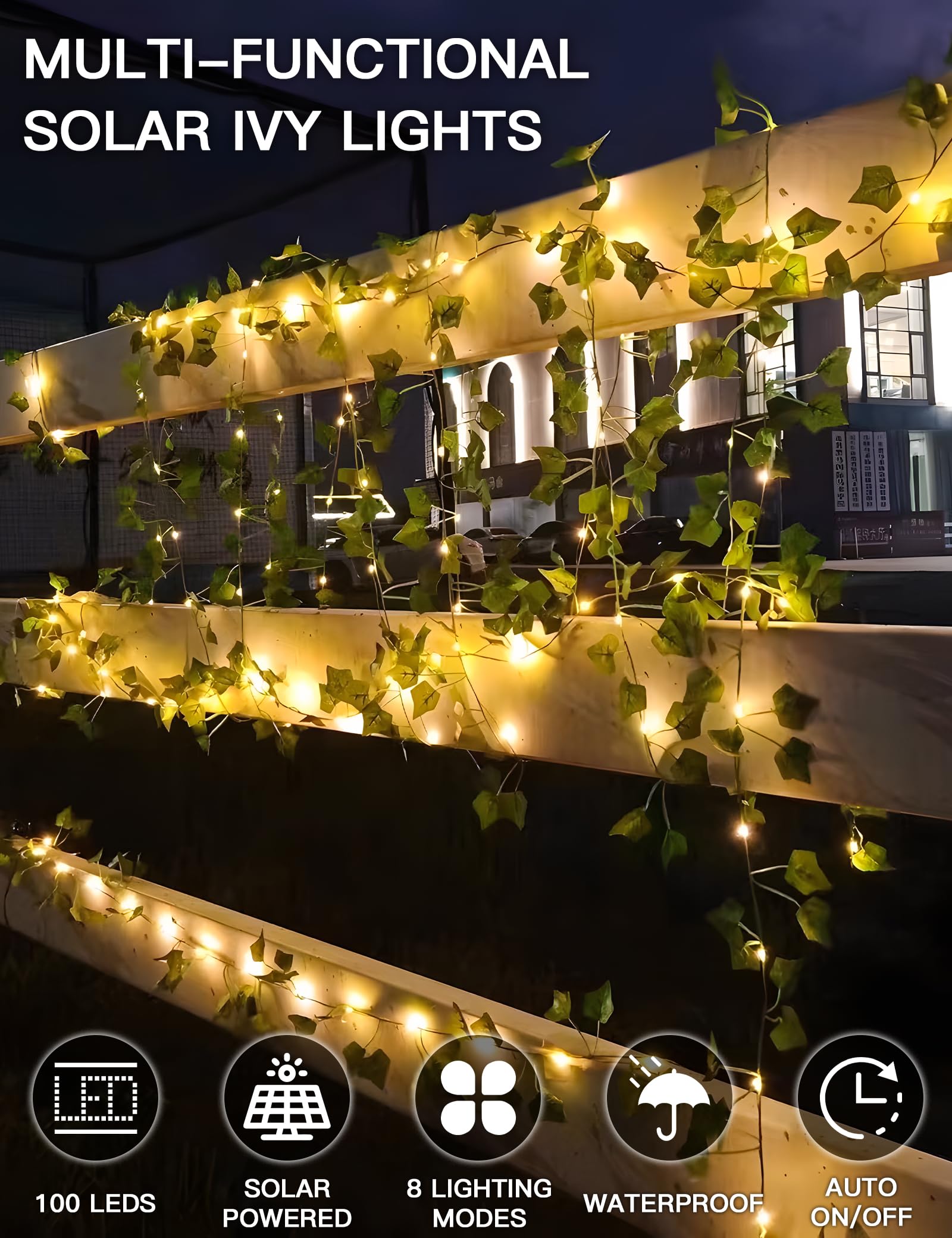 suddus Solar Fairy Lights, 100 LED Ivy String Lights, 33ft Waterproof, 8 Modes, Warm White for Outdoor, Garden, Patio, Balcony