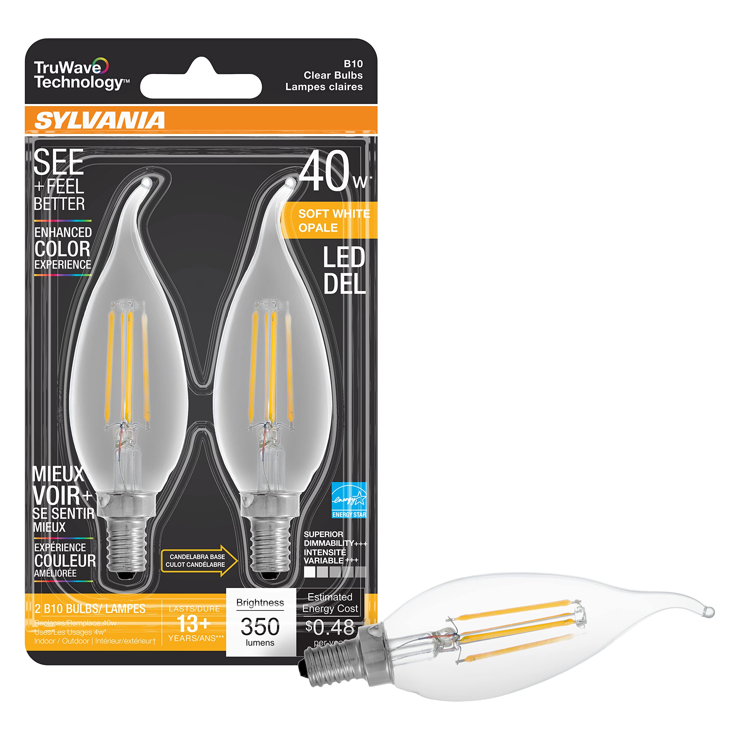 LEDVANCE SYLVANIA LED TruWave B10 Chandelier Bulb, 40W Equivalent, 4W, Dimmable, 350 Lumens, 2700K, Clear,