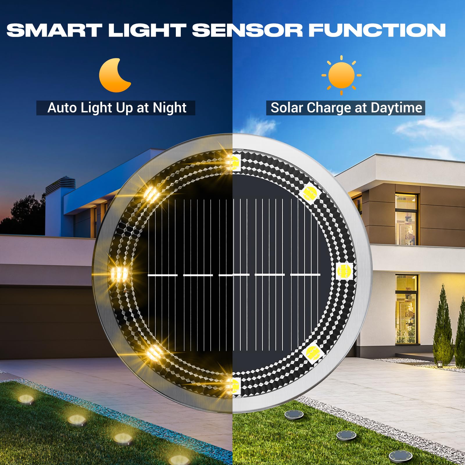 Peasur Solar Ground Lights, Flat Disc, IP68 Waterproof, Stainless Steel, 2 Pack, Warm White