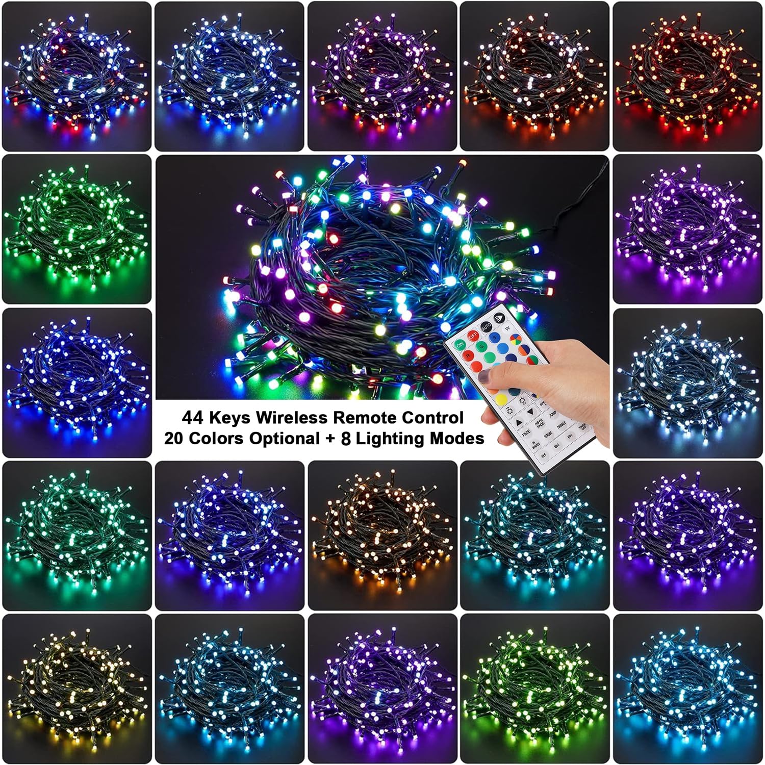 HOME LIGHTING 66ft LED Christmas Mini Lights, 200 RGB Colors, 7 Functions, Green Wire, Indoor/Outdoor Decor, Model HB-200COI