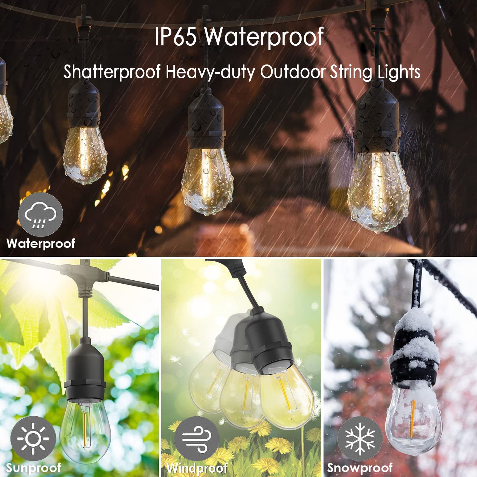 48Ft Outdoor String Lights Led Heavy-Duty Waterproof Patio Lights With 16 Shatterproof Plastic 2200K Warm White Bulbs For Patio Gazebo Pergola Cafe Market Bistro Lights