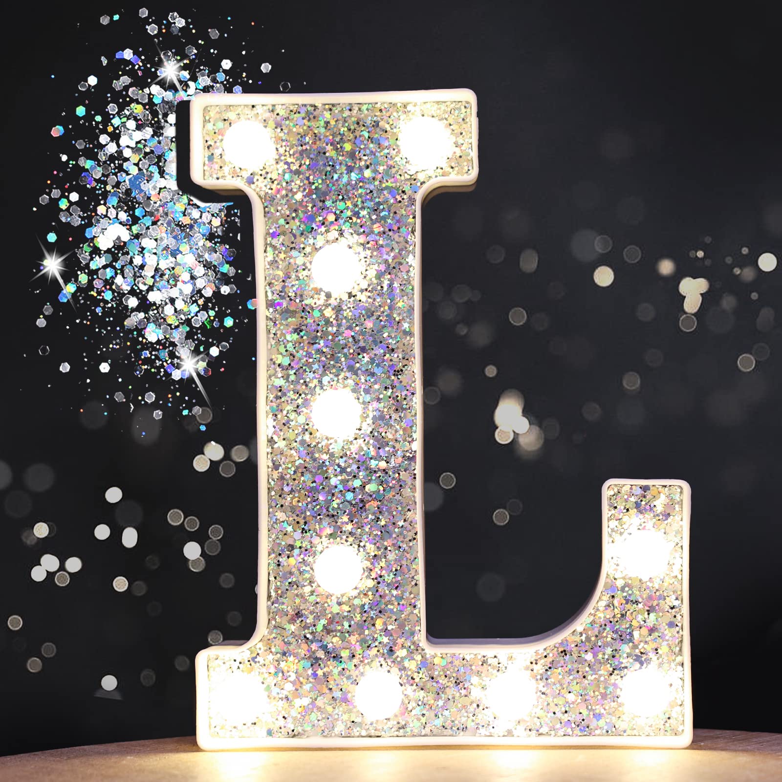 Pooqla LED Marquee Letter Lights, Sequin Silver, Battery Powered, Glitter Alphabet Sign for Parties and Home Decor