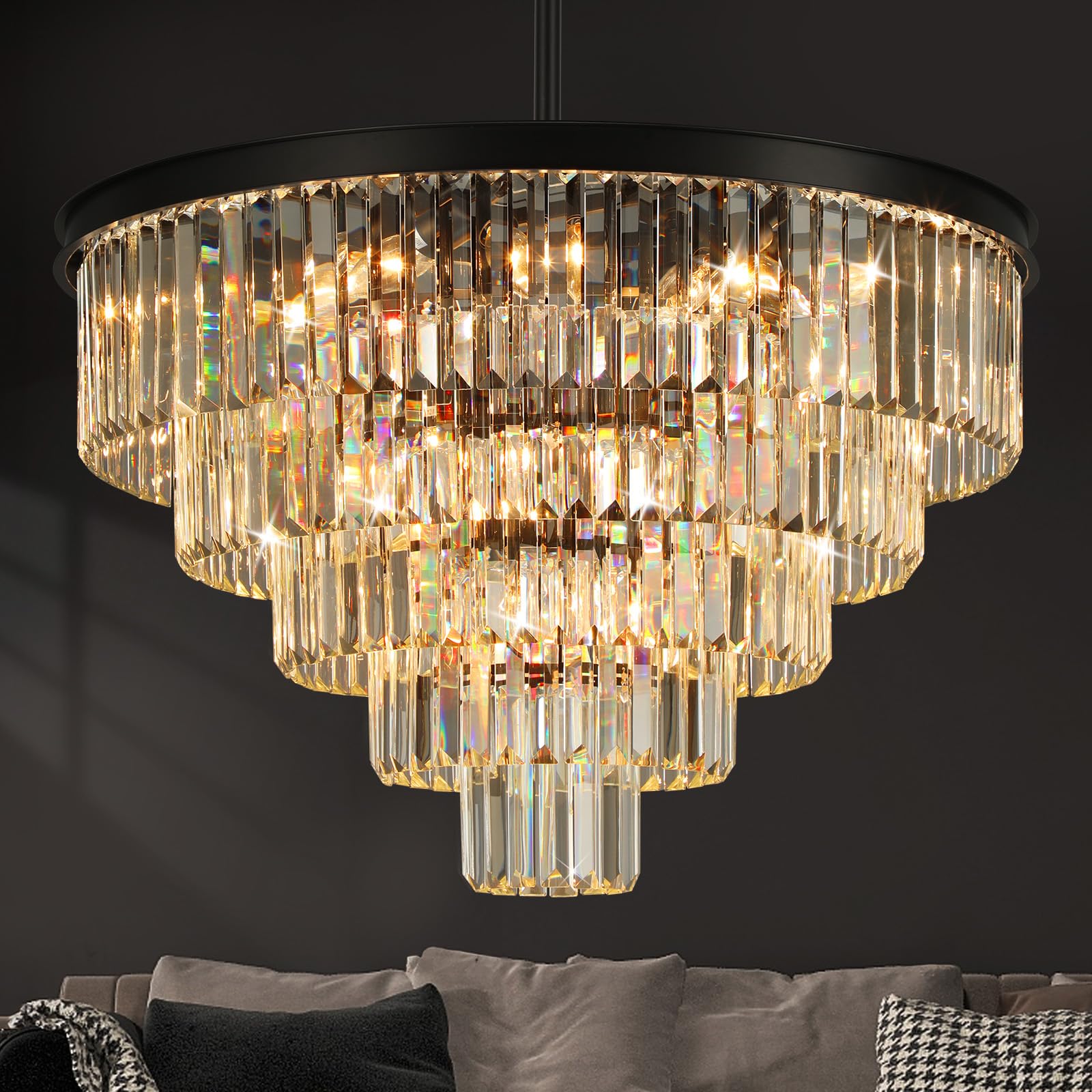 Crystal Chandeliers For Dining Room Lights Fixture Over Table, 20 Lights Black Modern Chandeliers For Living Room, 5-Tier Round 