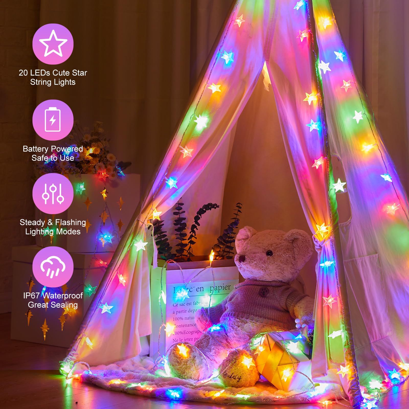 Minetom Star String Lights - 17 ft, 50 LED, Battery Operated, Waterproof, Multicolor, Copper, Ideal for Indoor and Outdoor Decor