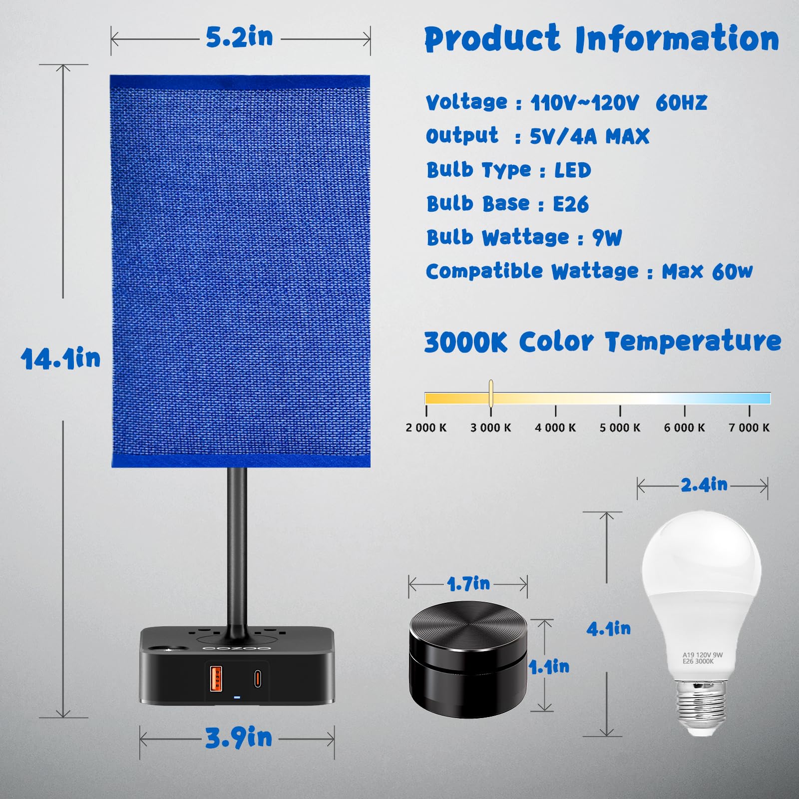 Bedside Lamp & Desk Lamp With Remote  Touch Control  Usb-C/A Ports + Outlets | Blue Fabric Shade Nightstand Table Lamp For Bedroom  Living Room Lighting | Cute Modern Boho Lamp With Charging Station
