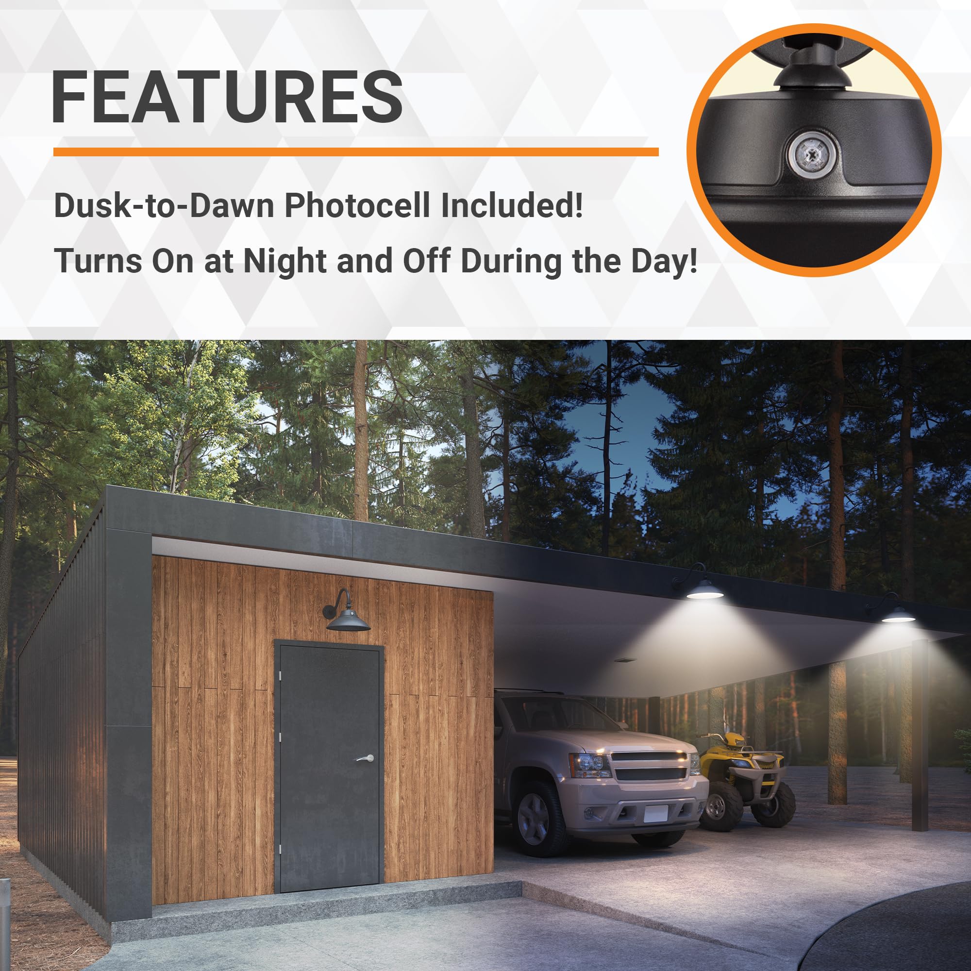 HTM LED Gooseneck Barn Light Fixture, 14in Diameter, Textured Black, Dusk to Dawn, 30K/40K/50K CCT Switching, Outdoor Lighting,