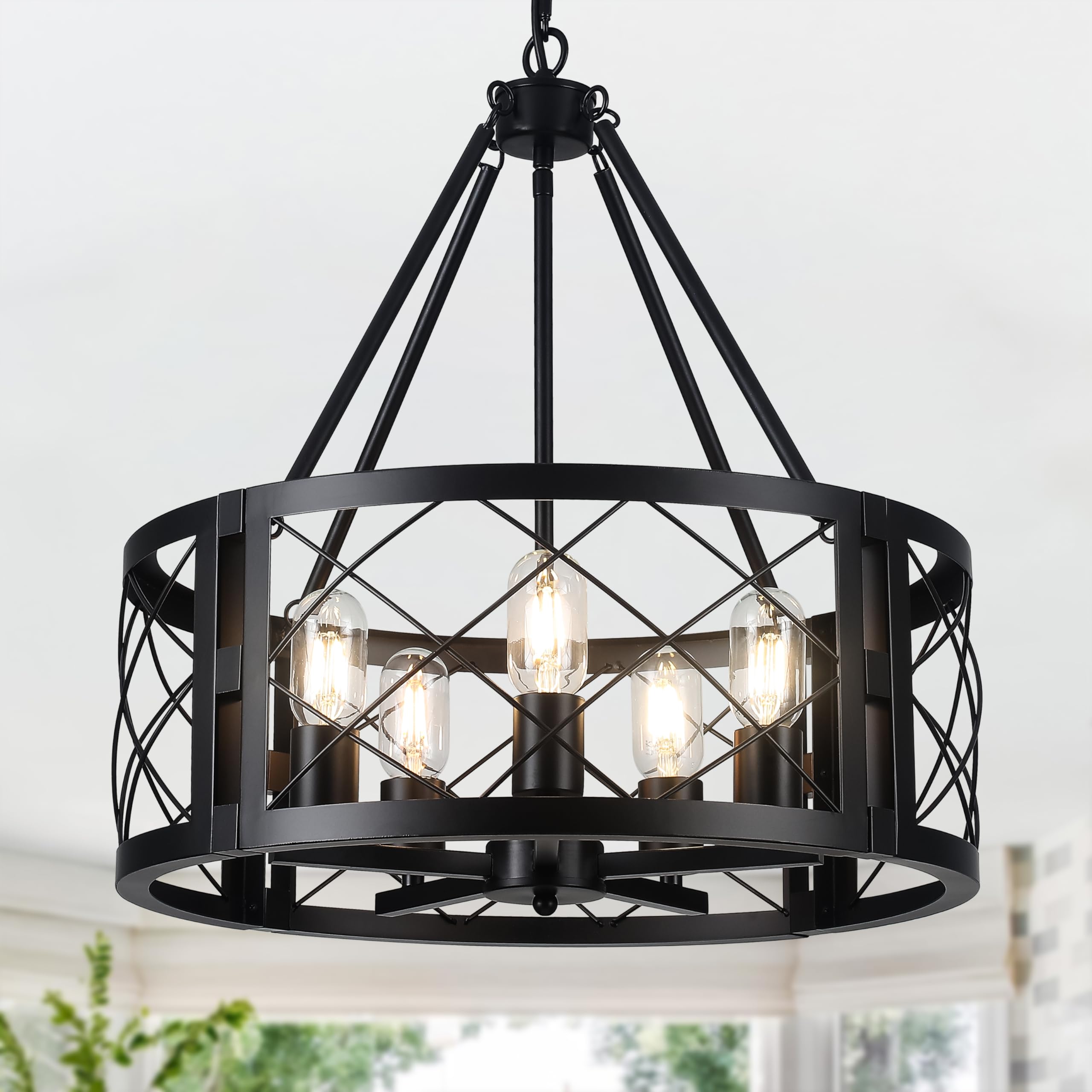 Corlaceling 5 Light Dining Room Light Fixture, 19.8'' Black Farmhouse Chandelier Rustic Round Hanging Pendant Lighting for Dinin