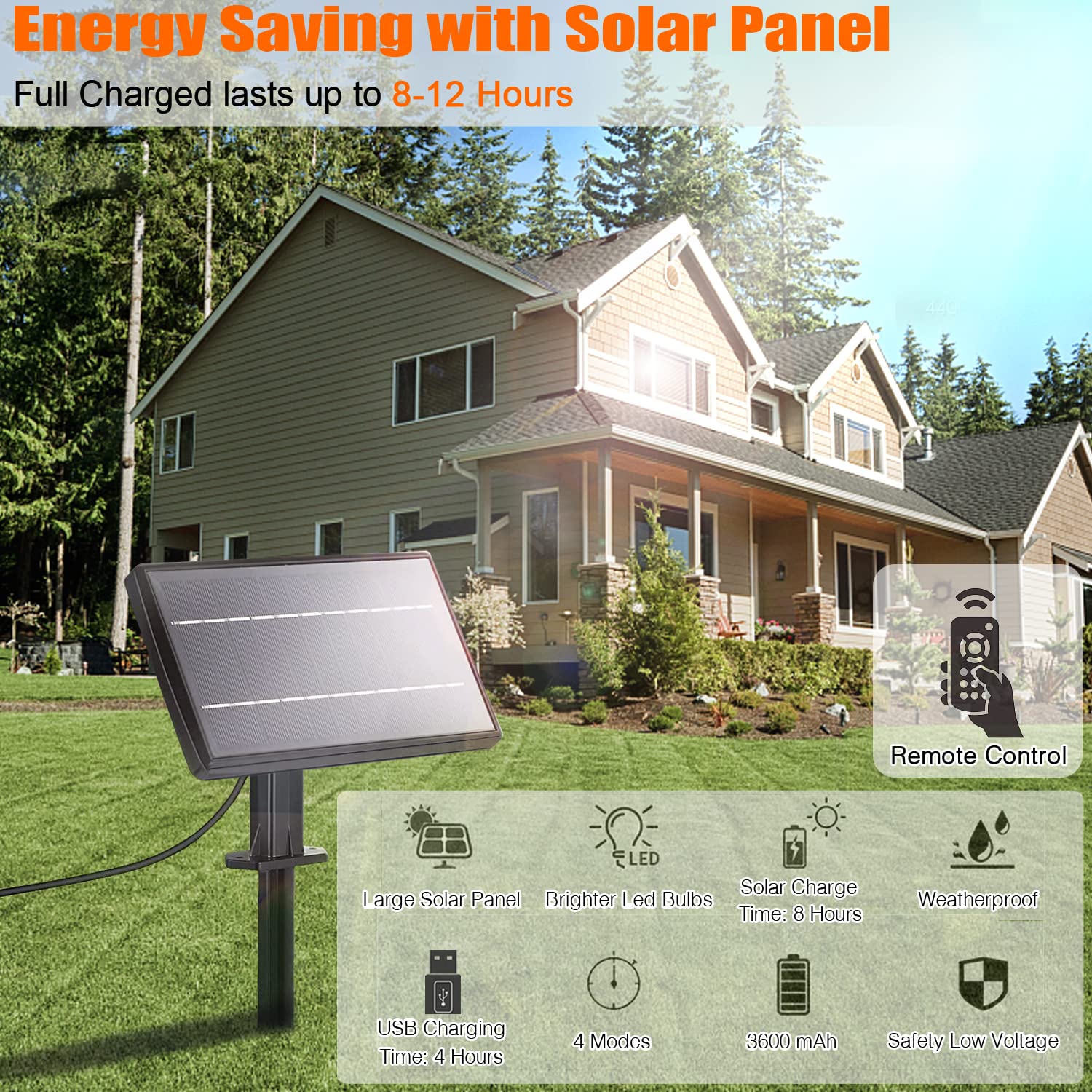 100Ft Solar Outdoor String Lights With Remote - Usb Rechargeable Solar Powered Outdoor Patio Lights, Larger 5W Solar Panel , Tim