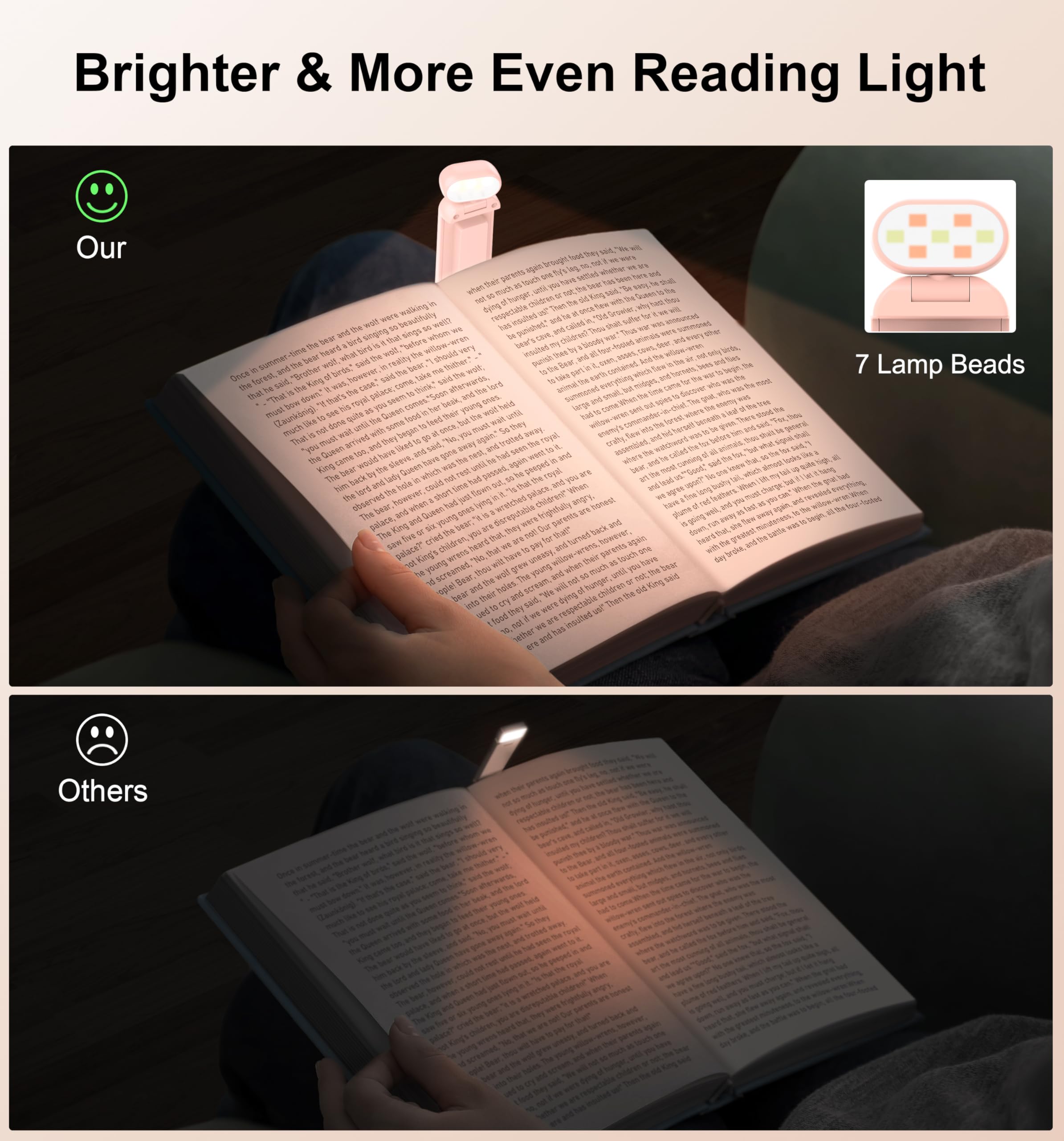 Gritin Rechargeable Book Light - Eye Caring, 3 Color Temperatures, 5-Level Dimmable, Clip-On, Compact, Pink, Model G1313