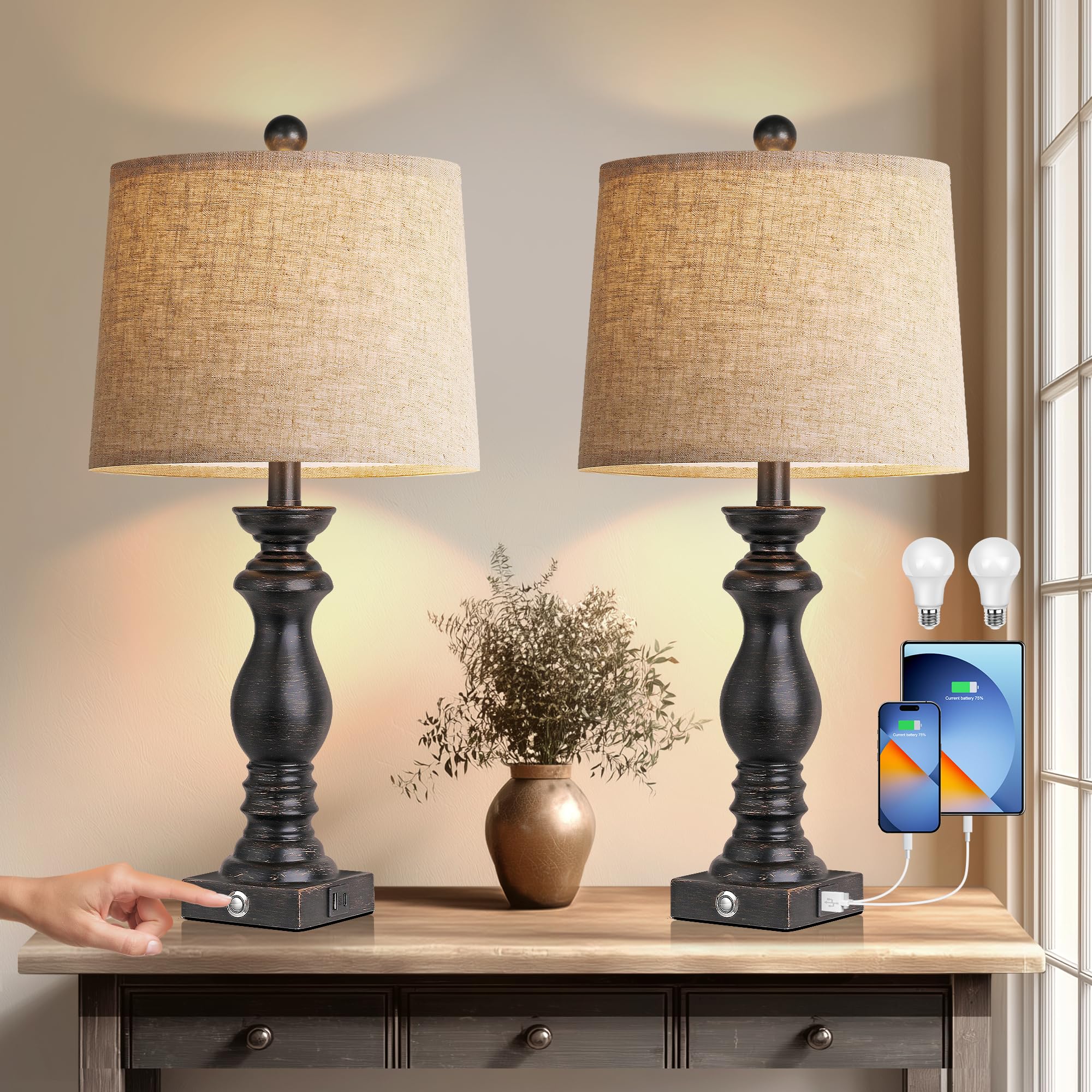 24.5 Table Lamp Set of 2  Rustic Farmhouse Bedside Lamps with USB A+C Charging Ports  3-Way Dimmable Touch Control Nightstand Lamps for Living Room Bedroom  Antique Black  LED Bulbs Included