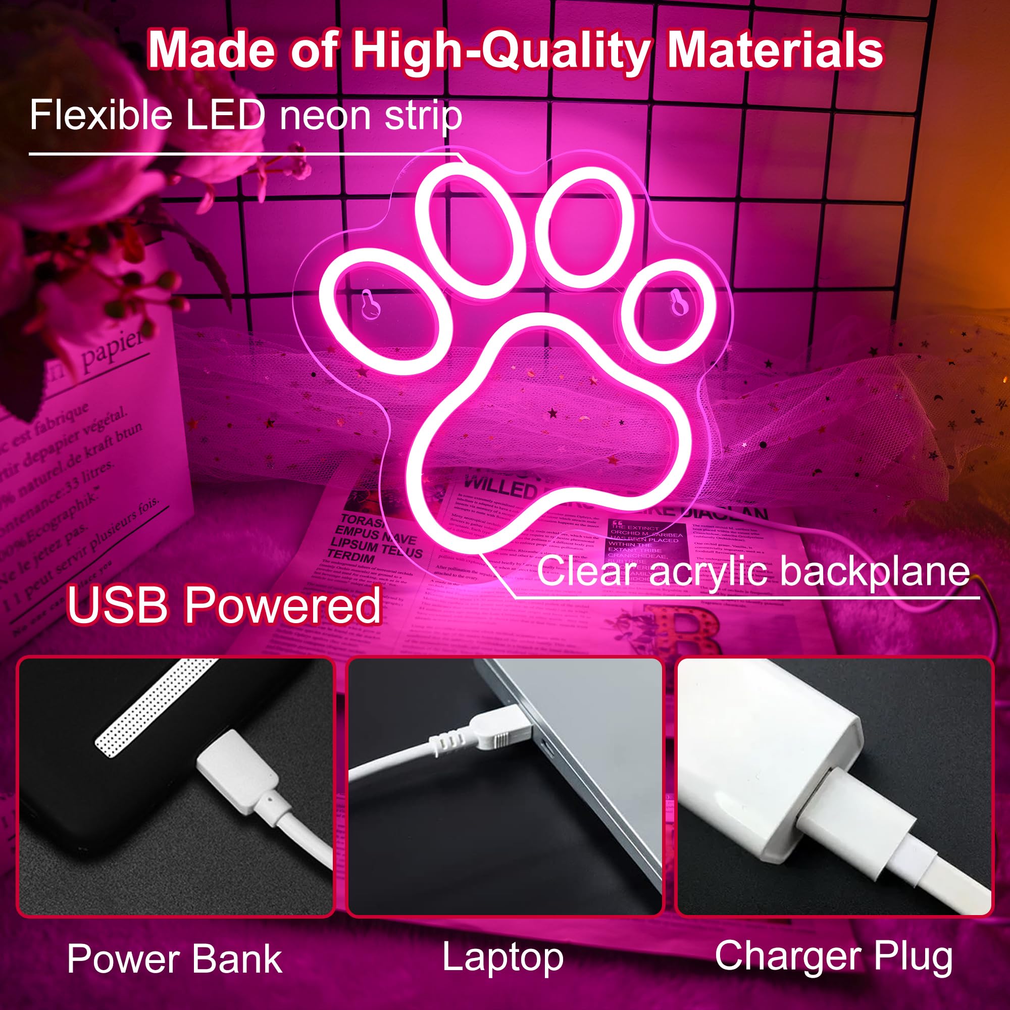 Aslanka Dog Paw Neon Led Sign  Dimmable Paw Neon Light For Wall Decor  Usb Powered Neon Light Sign For Bedroom Dog House Esthetics Wall Art-Pink