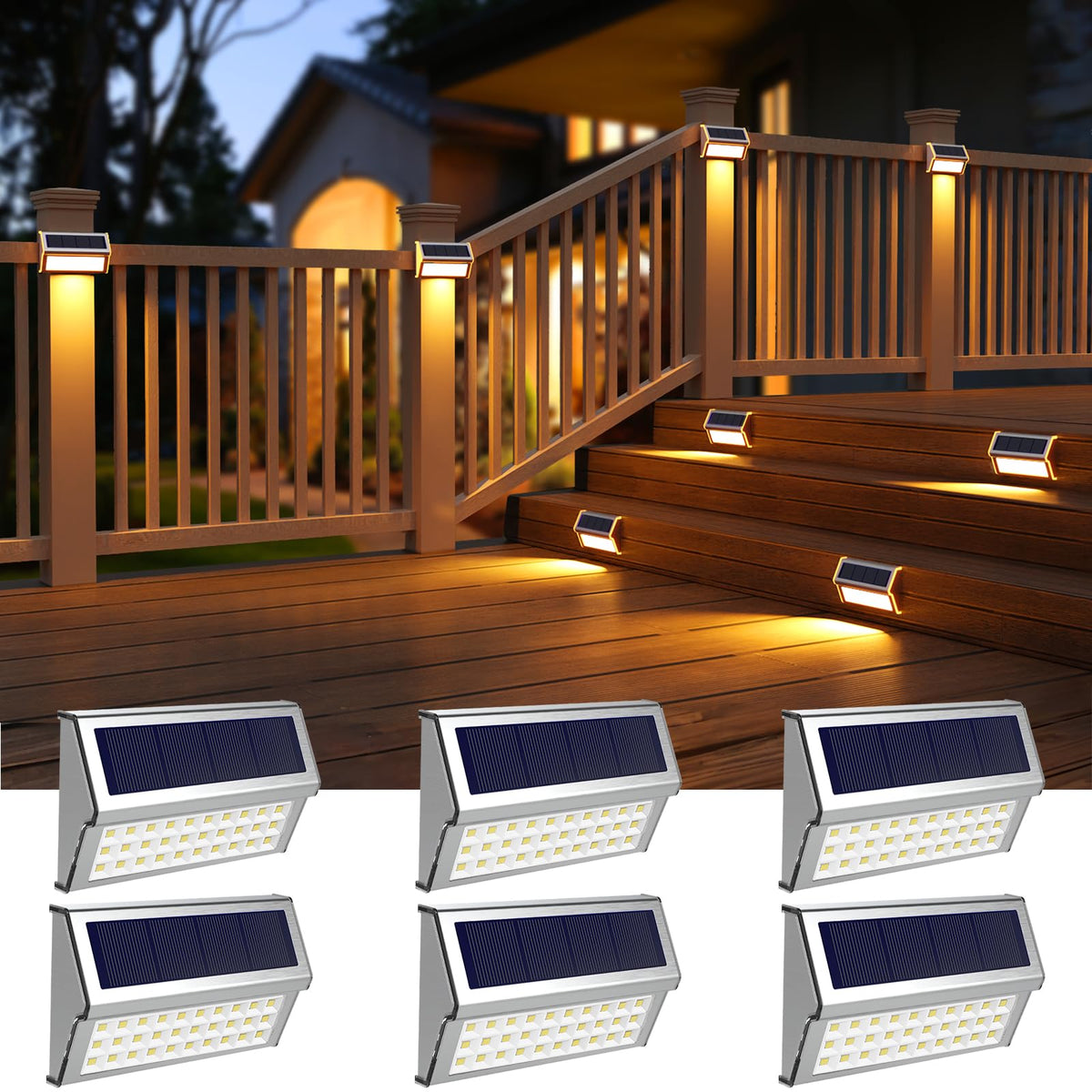 ROSHWEY Solar Deck Lights, 6 Pack 30 LED Stainless Steel Outdoor Deck Lights Solar Powered, IP65 Waterproof Step Light for Outsi