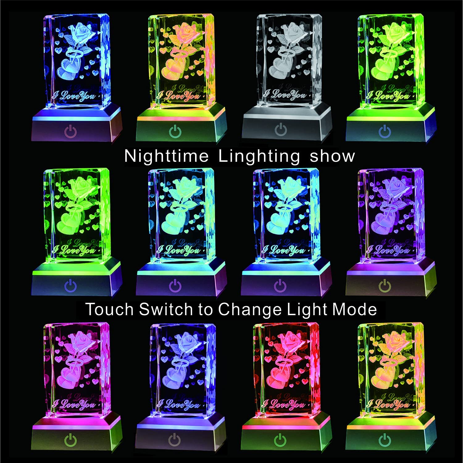 Bahujida I Love You 3D Ring Rose Crystal With Led Color Night Light, Valentine'S Day Mothers Daygifts For Wife Mom Women Her,Uni