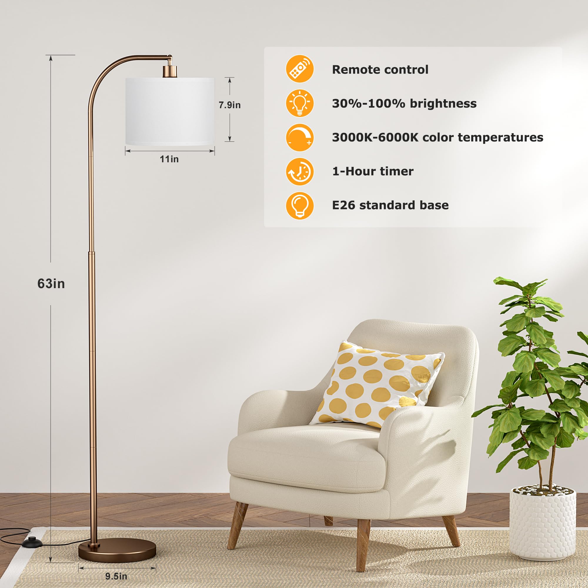 Arc Floor Lamp With Remote And Stepless Dimmable Bulb, Colors Temperature & Brightness Adjustable, Floor Lamps For Living Room(W